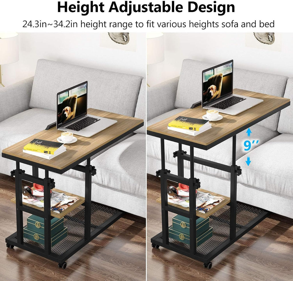 Tribesigns Height Adjustable C Table with Wheels, Mobile Couch Snack Side Table with Tiltable Drawing Board, Sofa Bedside Laptop Stand C Shaped TV Tray with Storage Shelves (Black+Oak)