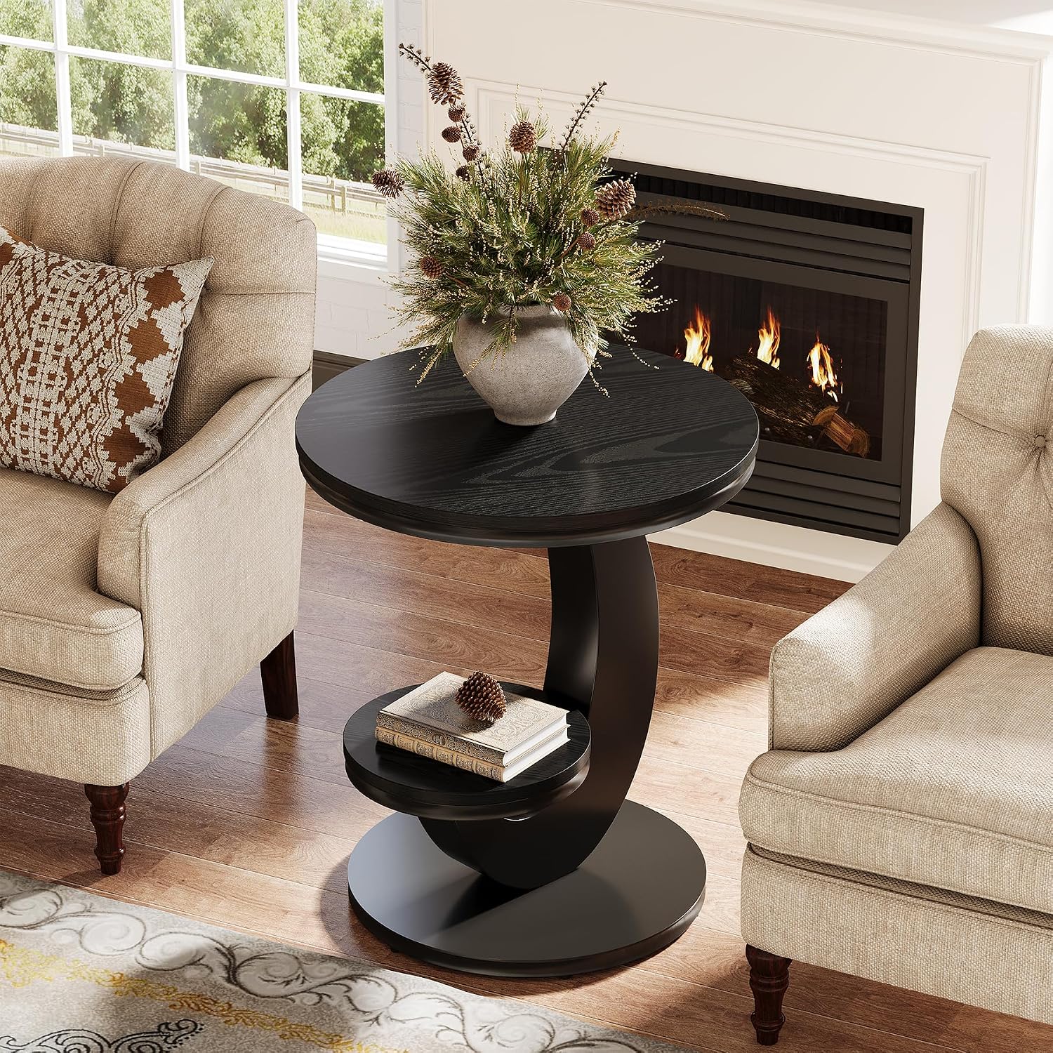 Tribesigns Round End Table Set of 2, 2 Tiers Side Table with Storage Shelf, Sofa Side Bedside Nightstand with Metal Arc-Shaped Frame for Small Spaces, Living Room, Bedroom, Black (2PCS)