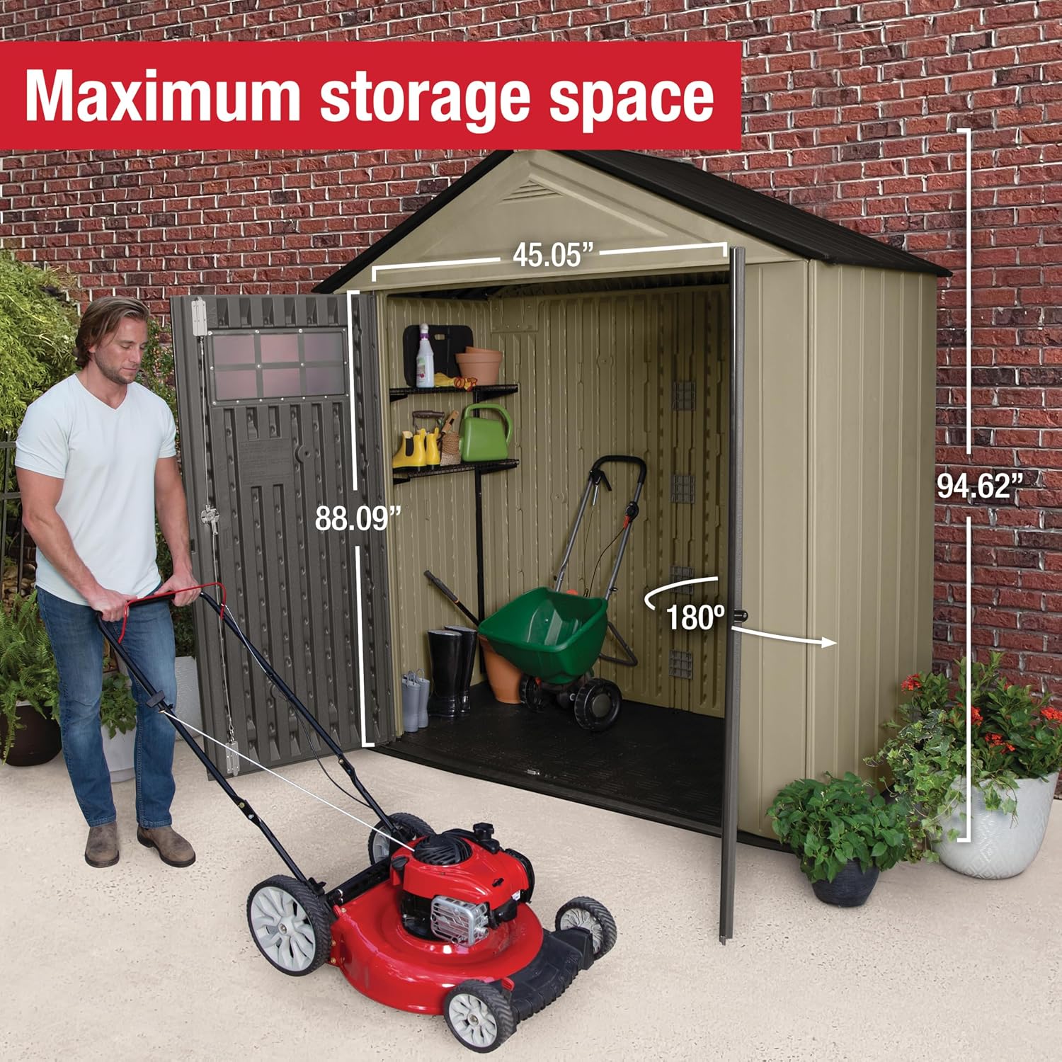Rubbermaid Resin Outdoor Storage Shed With Floor (7 x 3.5 Ft) Weather Resistant, Brown Gable, Organization for Home/Backyard/Garden Tools/Lawn Mower/Bike Storage/Pool Supplies