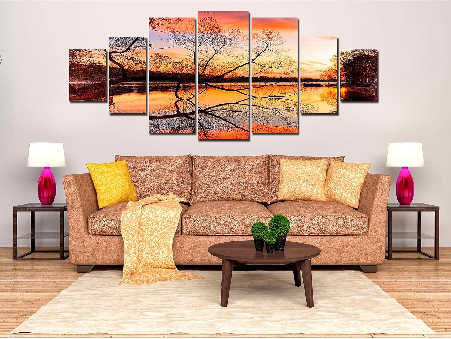 Startonight Huge Canvas Wall Art Gold Sunset On The Lake - Large Framed Set of 7 40' x 95'