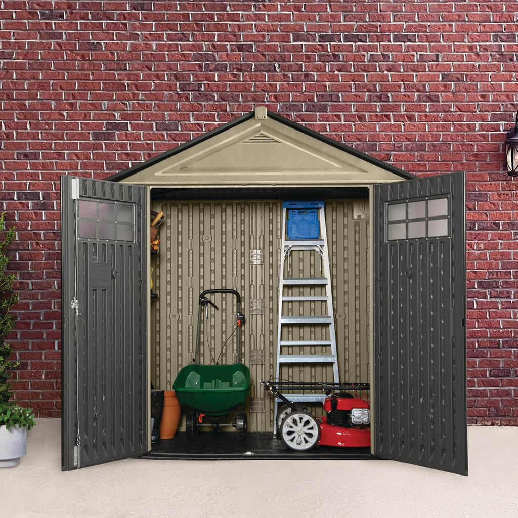 Rubbermaid Resin Outdoor Storage Shed With Floor (7 x 3.5 Ft) Weather Resistant, Brown Gable, Organization for Home/Backyard/Garden Tools/Lawn Mower/Bike Storage/Pool Supplies