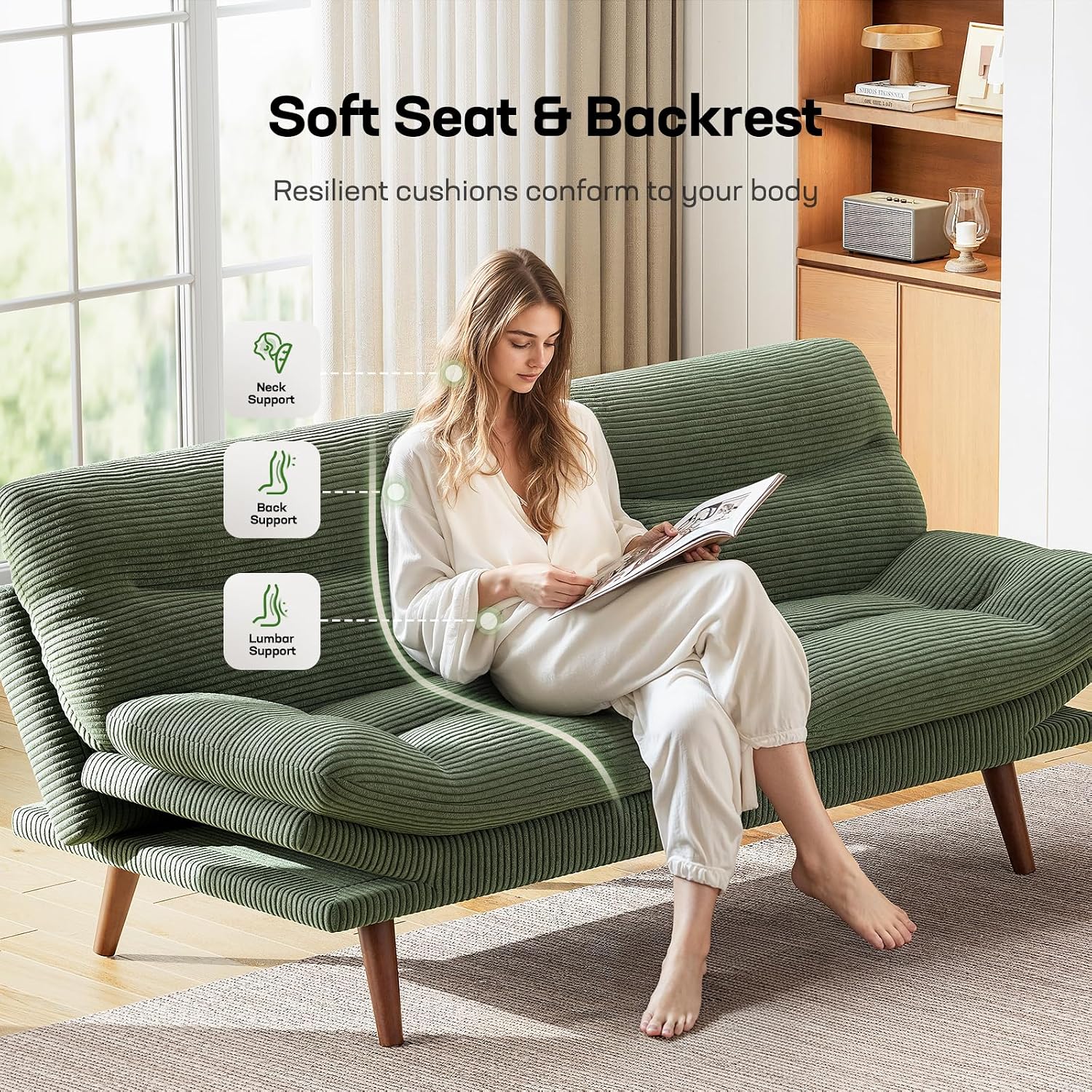 Marsail 66.1' Futon Sofa Bed, Corduroy Convertible Futon Couch with Adjustable Backrest & Armrests, Small Sleeper Sofa Loveseat for Small Apartments, Study Room, Office, Green