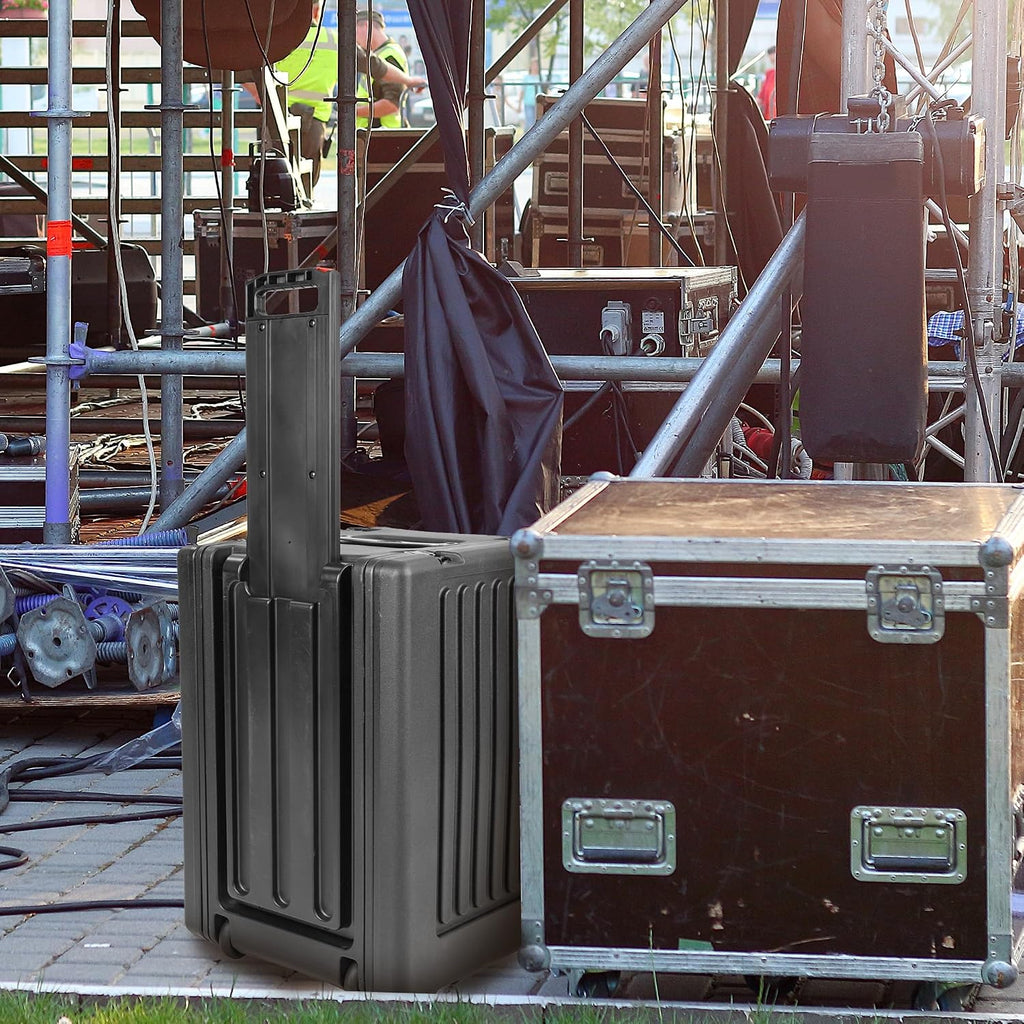 SKB 8U rSeries Shallow Rolling Rack with Integrated Back Wheels and 1-Touch Pull Handle, Comes with 8 Rack Units and Interlocking Molded Stacking Bars