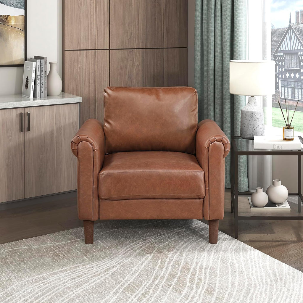 Lexicon 35' W Living Room Accent Chair, Faux Leather Upholstered Armchair with Rolled Arms & Wood-Look Feet, Traditional Single Sofa Chair for Living Room, Bedroom or Office - Chocolate