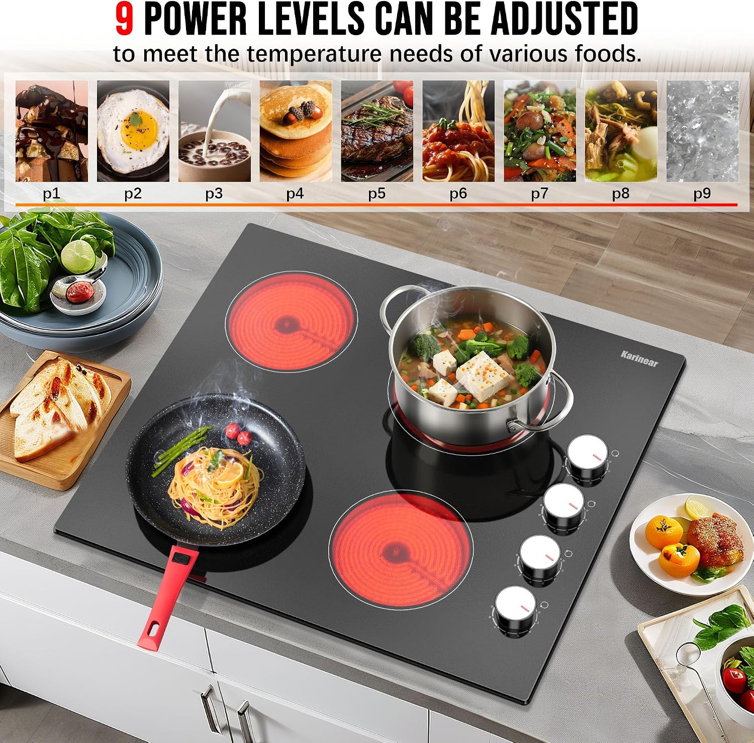 Karinear 24 Inch Electric Cooktop 4 Burners Electric Stove, Knob Control,6000W, Built-in Radiant Hob,Residual Heat Indicator, Overheat Protection,Hardwired 220V Radiant Ceramic Stove (White Knob)