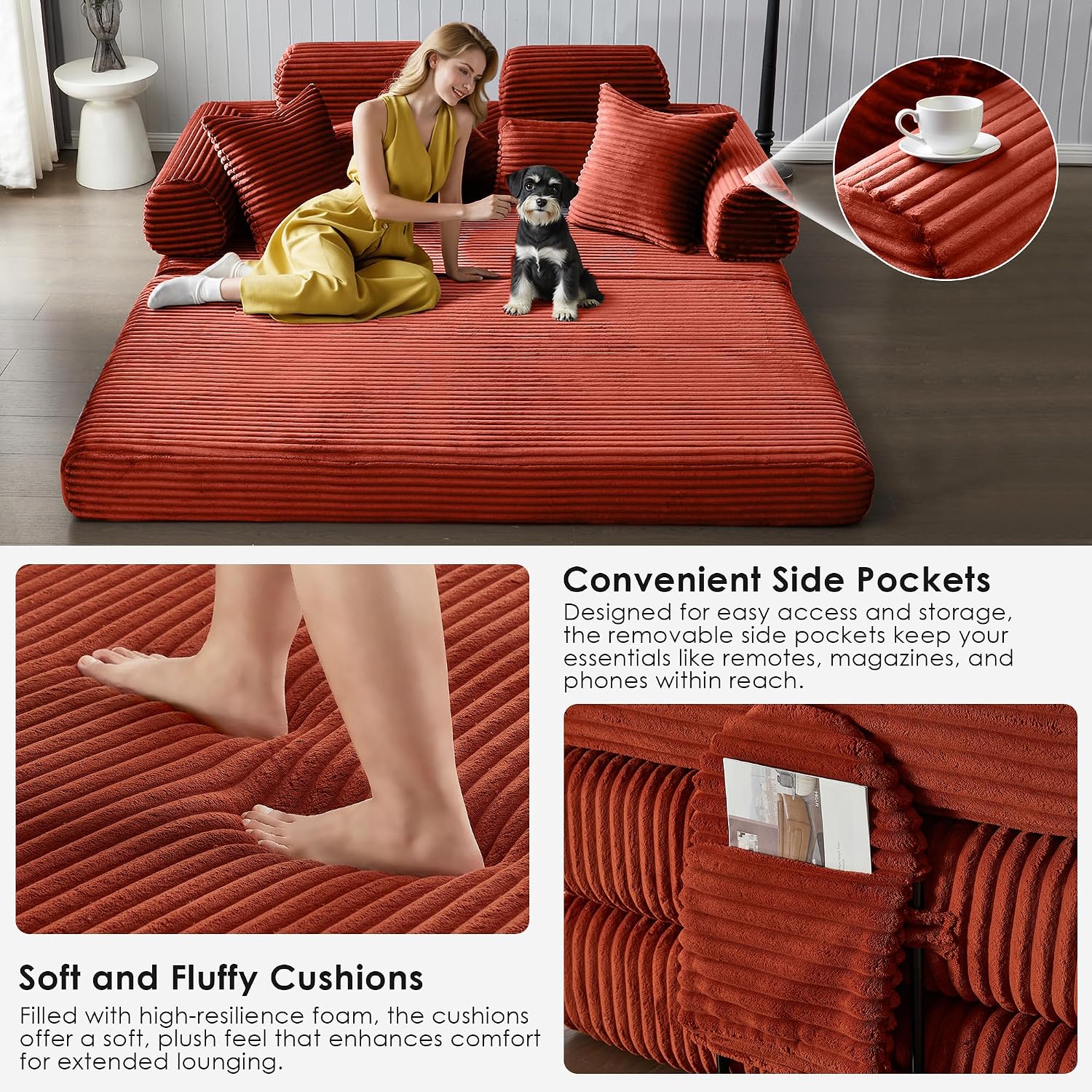 Convertible Sleeper Sofa Bed, 78.5' Corduroy Foldable Loveseat Sofa, Queen to King Size Boneless Couch Bed for Living Room | No Assembly Required | Memory Foam | Compression Sofa, Orange