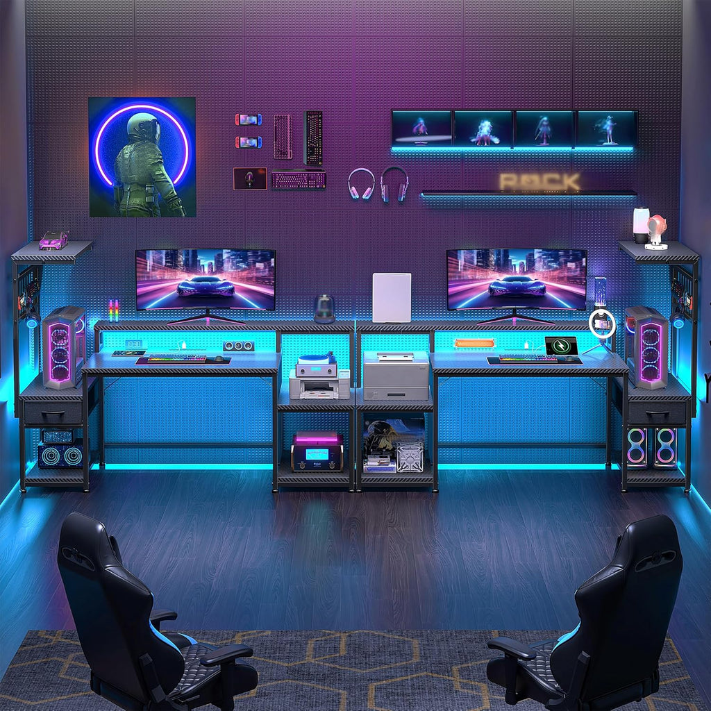DurayLoly 55' Gaming Desk with LED Lights & Outlets,Computer Desk with Drawers & Monitor Stand,Gaming Table with 3 Storage Shelves, Hooks& Printer Space for Game&Study Room,Home Office,Bedroom,Black