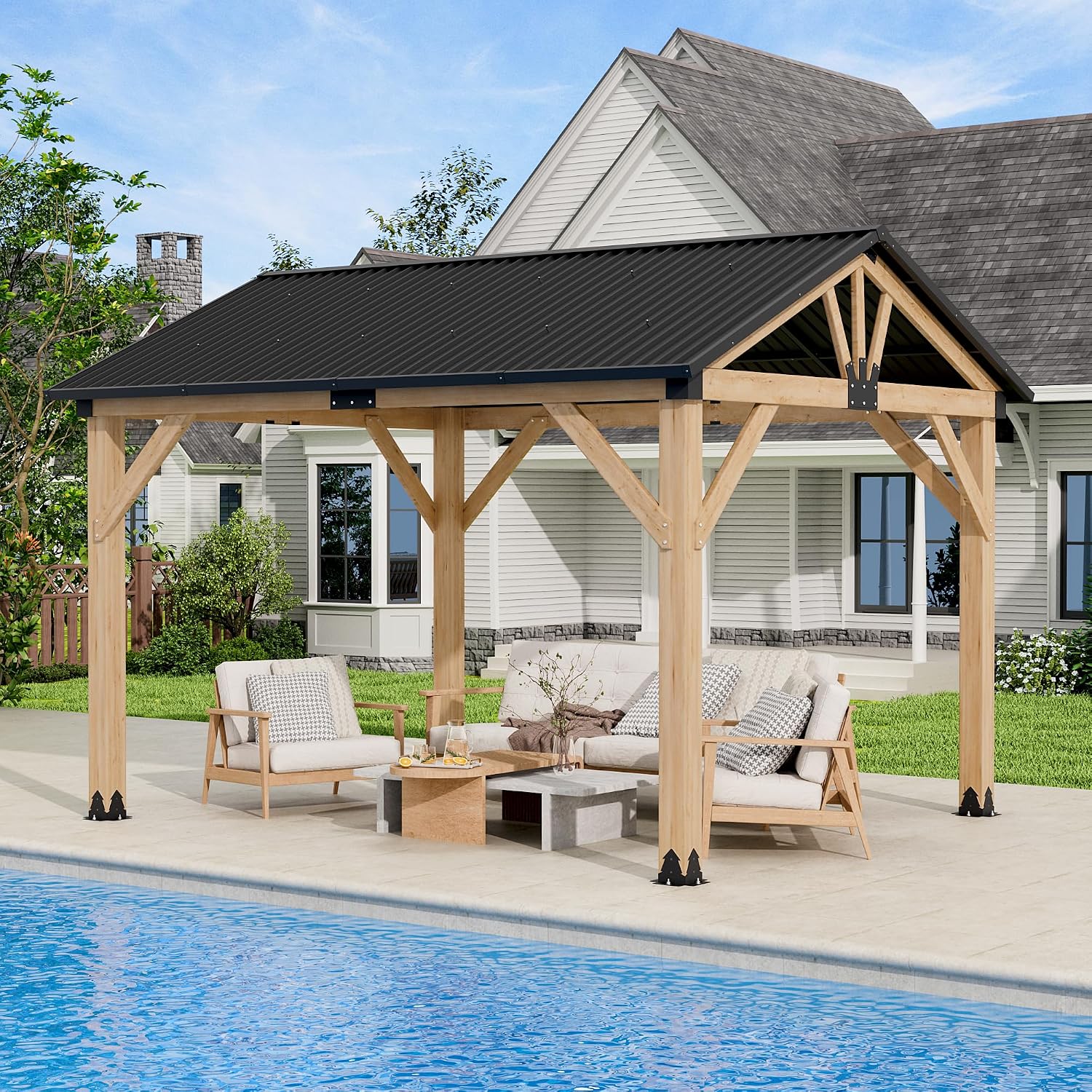 LVUYOYO 10' x 12' Wood Gazebo, Outdoor Hardtop Gazebo, Galvanized Steel Gable Roof Pergola, Outdoor Pavilion for Patio, Backyard, Garden, Deck