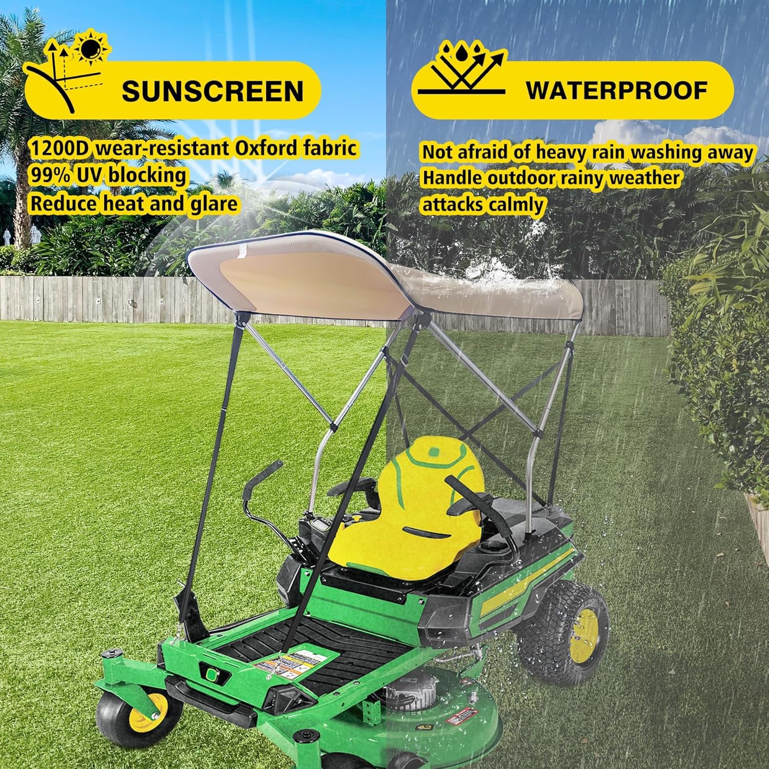 Zero Turn Lawn Mower Canopy with Removable High-Visibility UV Sunshade Curtain, Heavy Duty Beige Sun Shade & Rainproof Cover, 67 Inch Adjustable Nylon Strap Aluminum Alloy Bracket-with Curtain