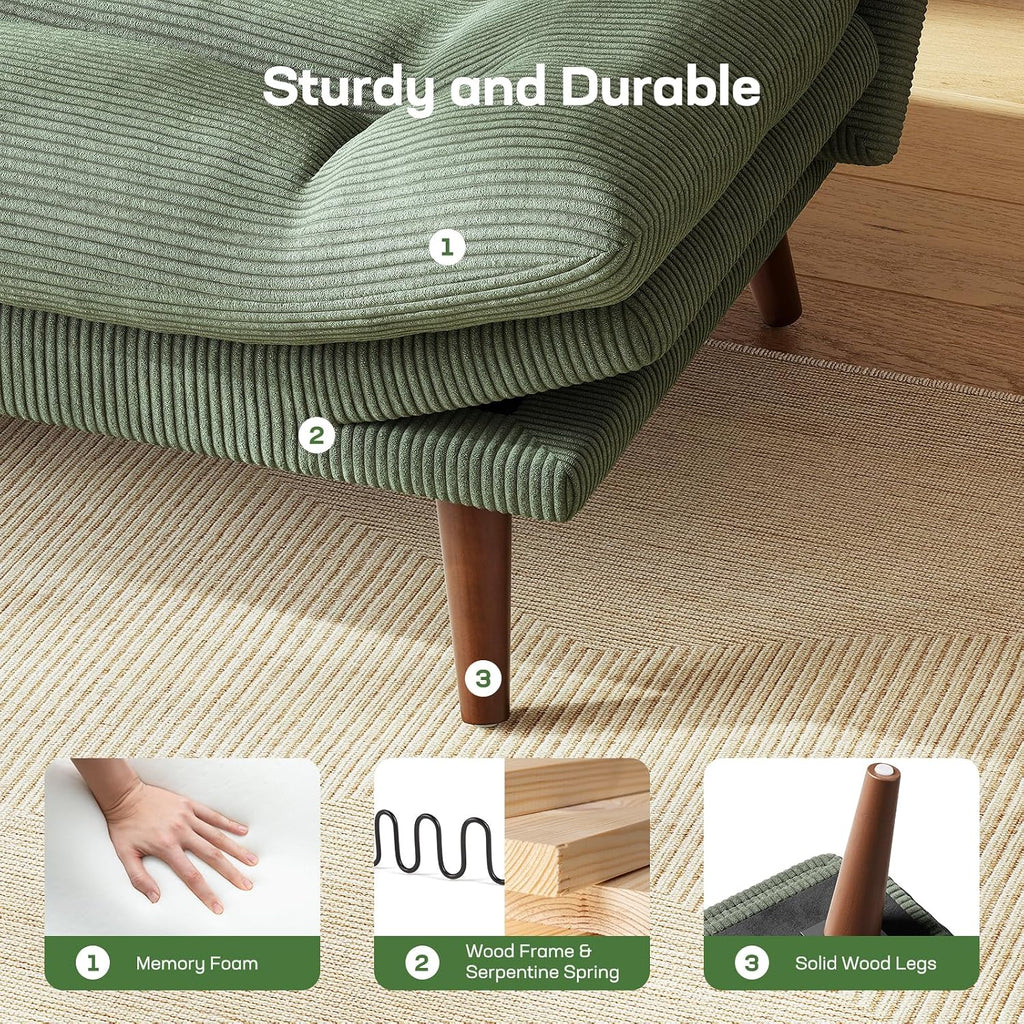Marsail 74.8' Futon Sofa Bed, Corduroy Convertible Futon Couch with Adjustable Backrest & Armrests, Small Sleeper Sofa Loveseat for Small Apartments, Study Room, Office, Green