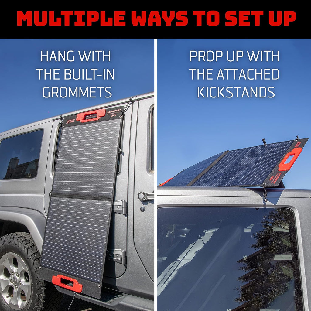Backcountry Portable Solar Panels, 110W or 60W - IP65 Water Resistant Solar Charger with 3 USB Ports for Phones and DC Out for Power Stations