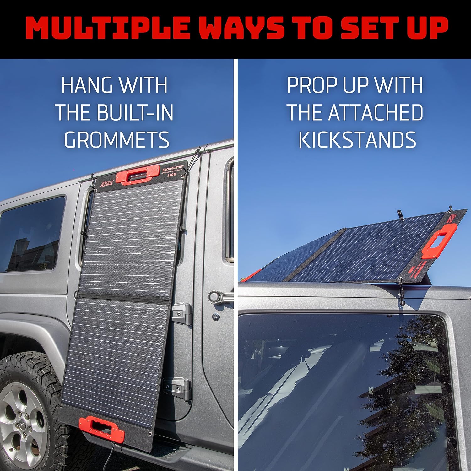 Backcountry Portable Solar Panels, 110W or 60W - IP65 Water Resistant Solar Charger with 3 USB Ports for Phones and DC Out for Power Stations