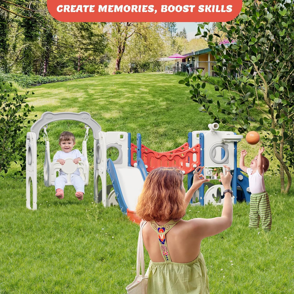 KORIMEFA 11 in 1 Toddler Slide and Swing Set, Kids Slide for Toddlers, Outdoor Indoor Playground for Toddlers 1-3, Toddler PlaySet with Basketball Hoop and Ball Golf Set, Climbing Arch(Red & Blue)