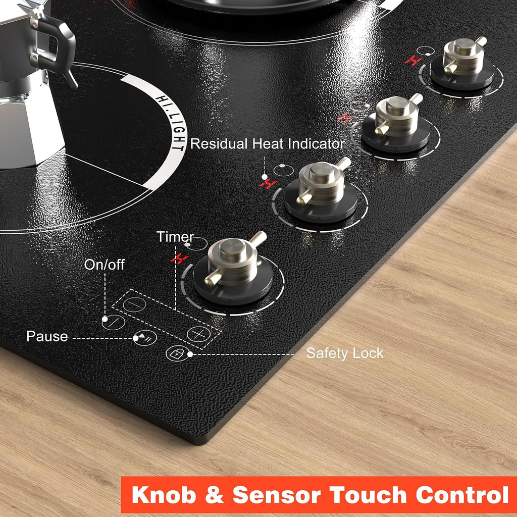 24 Inch Electric Cooktop - 4 Burner Built-in(22.05'x19.3') Glass Ceramic Stovetop 6000W, 220V Electric Stove Touch and Knob Control, Safety Lock, Pause, 99 Min Timer, 240V Hard Wire(No Plug)