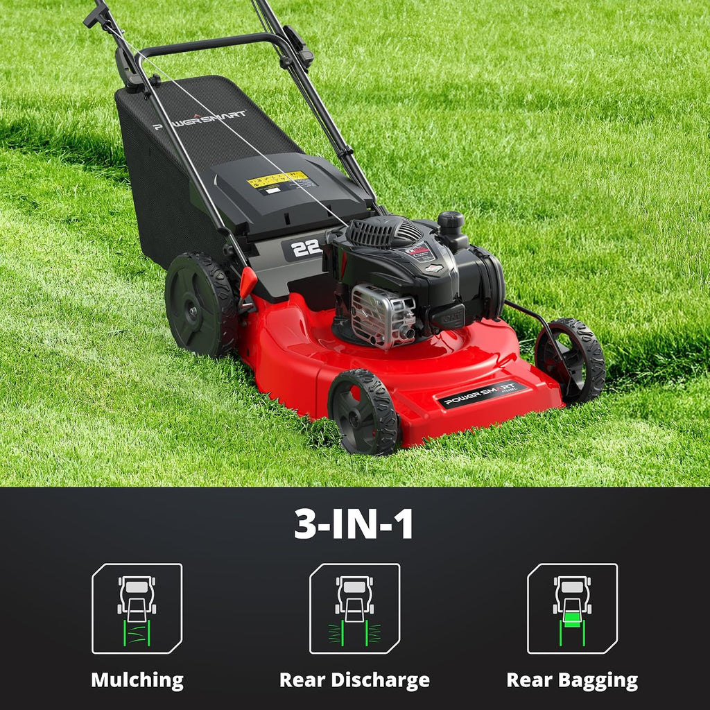 PowerSmart 22' Gas Lawn Mower, 150cc B&S Engine, Self-Propelled, 3-in-1 Mulching System, 6 Cutting Heights, Rear-Wheel Drive, Durable Steel Deck for Yard