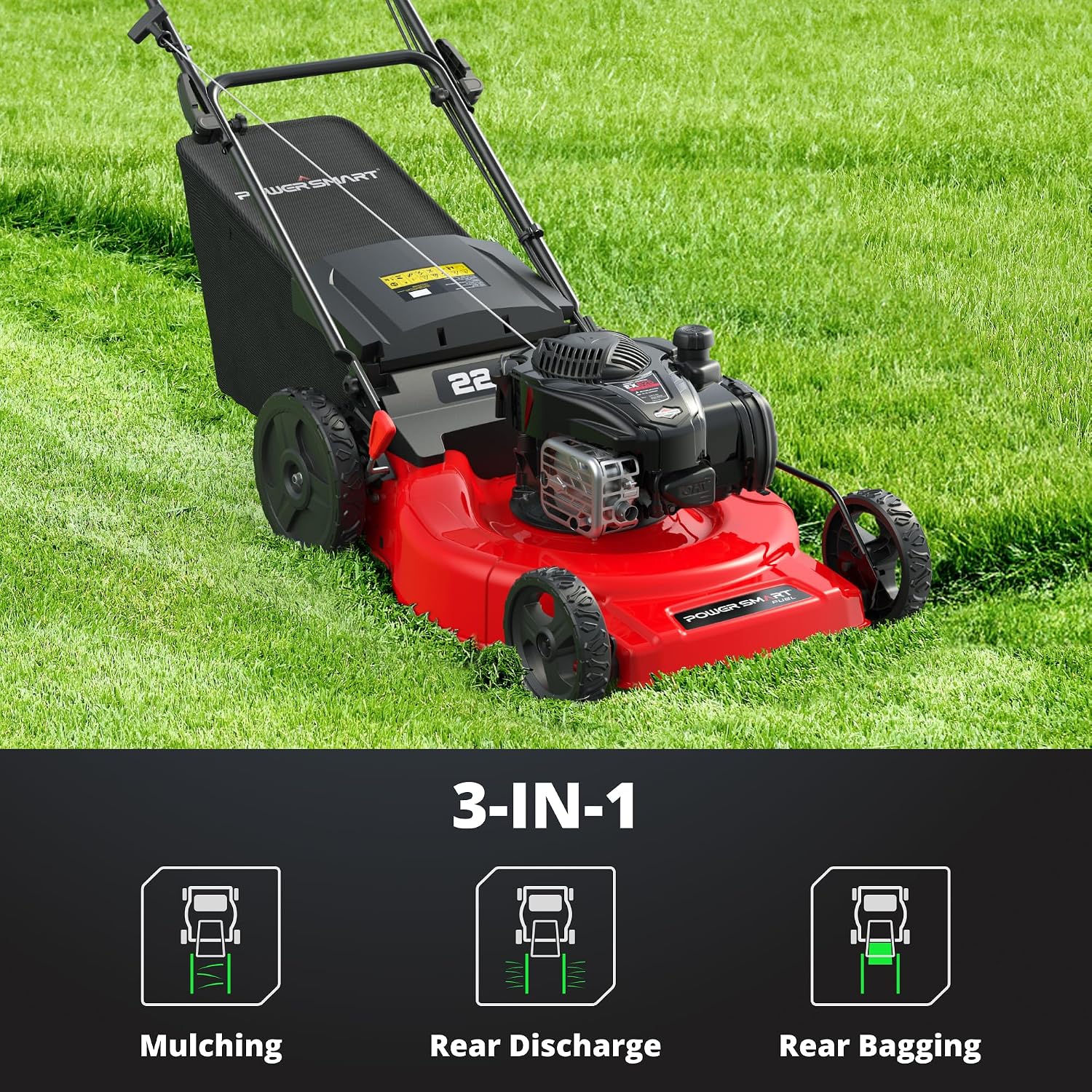 PowerSmart 22' Gas Lawn Mower, 150cc B&S Engine, Self-Propelled, 3-in-1 Mulching System, 6 Cutting Heights, Rear-Wheel Drive, Durable Steel Deck for Yard