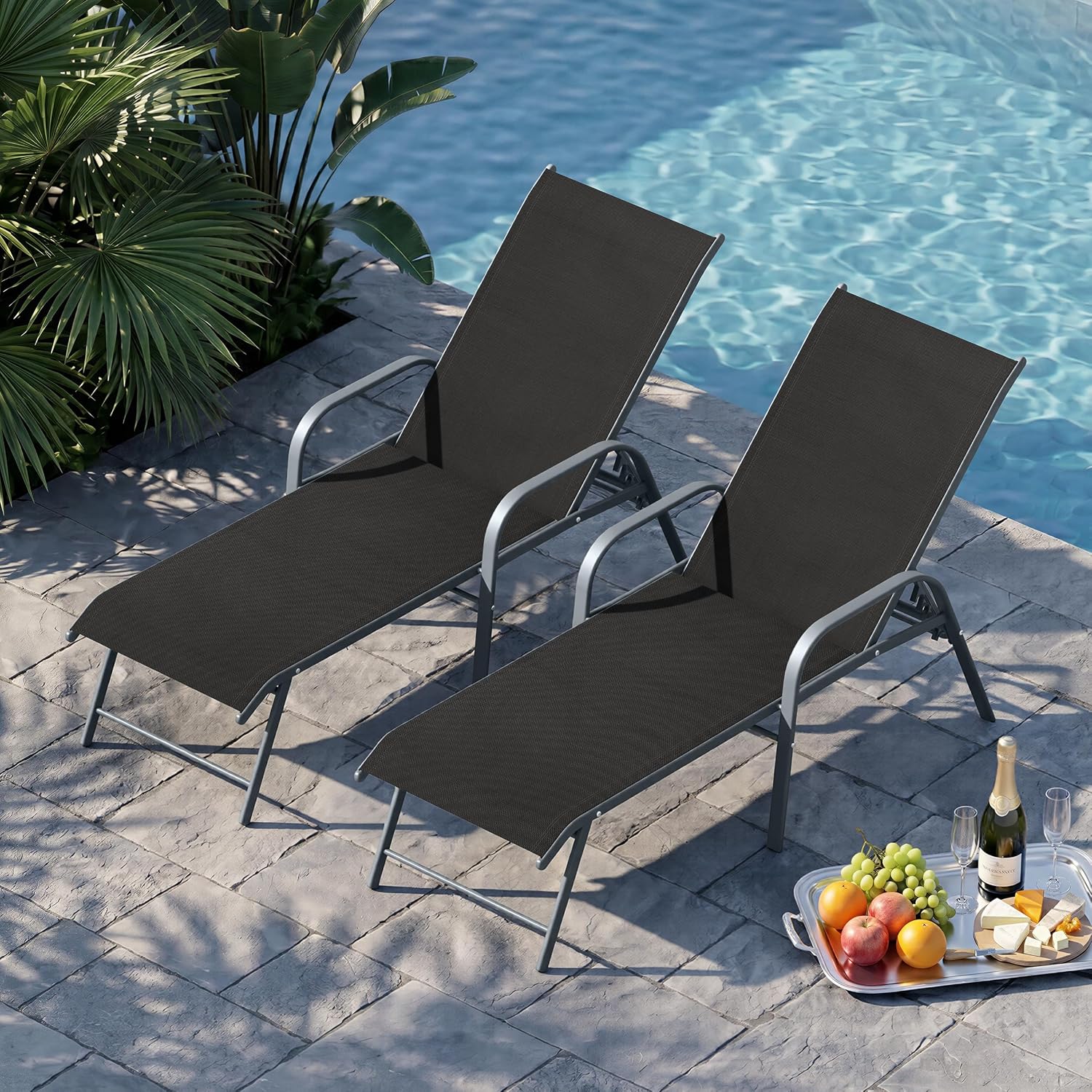 Crestlive Products Lounge Chair Outdoor with Armrests, Pool Lounge Chairs Set of 2, Aluminum Adjustable 5 Positions Tanning Chairs for Outside, Patio, Poolside, Yard, Deck, Backyard (Black)