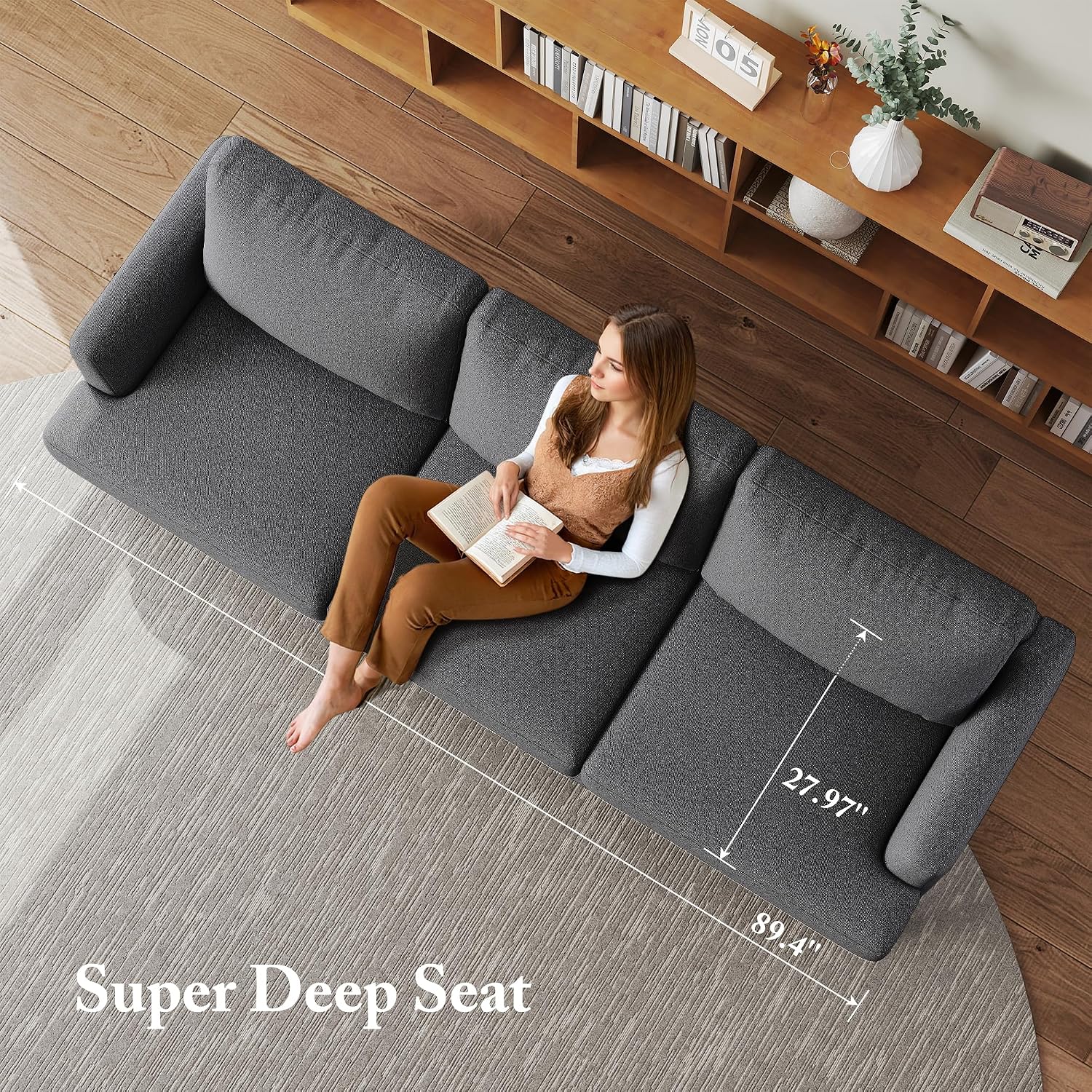 Busaurus 3 Seater Sofa Couch with Deep Seats, 89' Mid Century Modern Upholstered Sofa with Armrests, Comfy Couches for Living Room, Bedroom, Apartment and Office (Dark Grey)