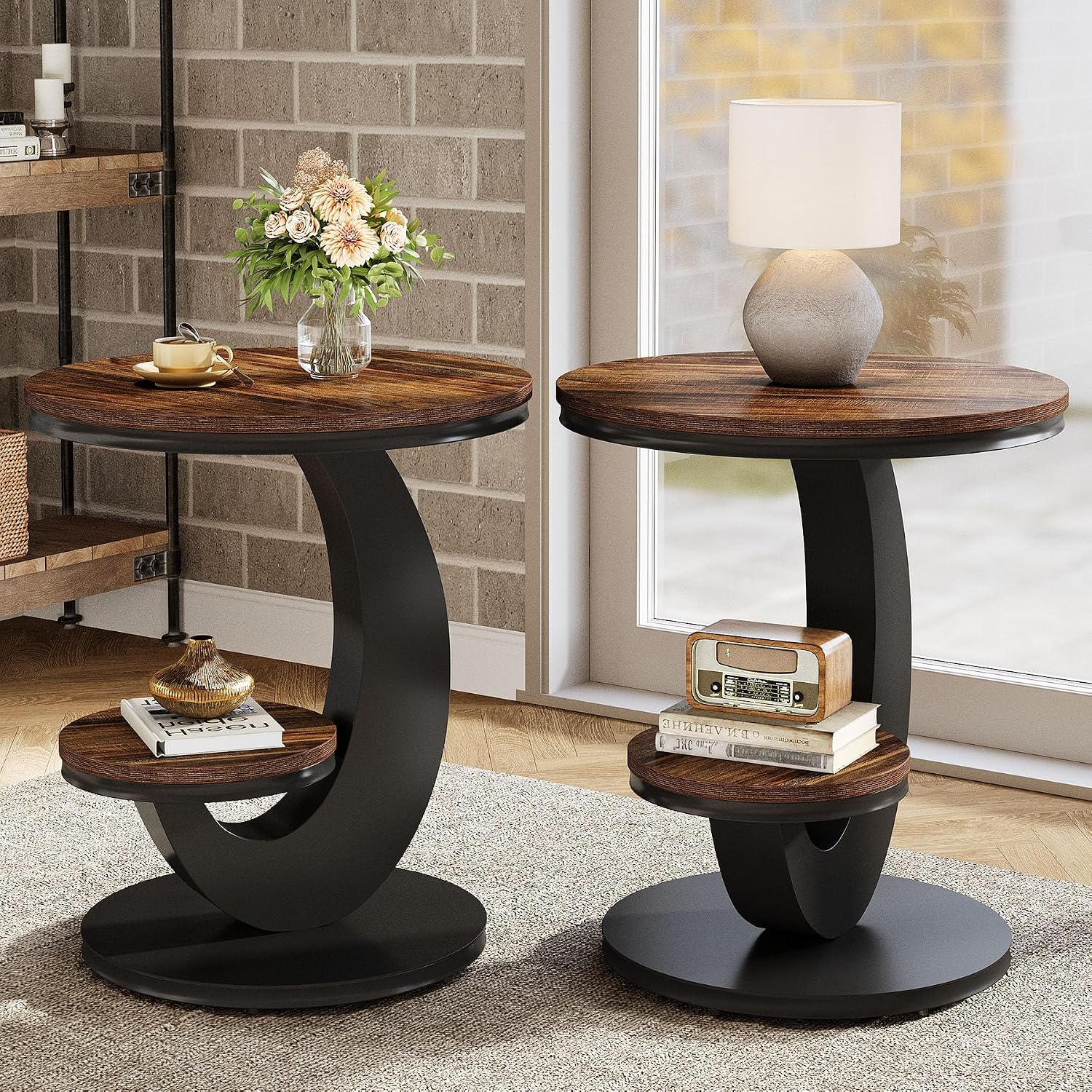 Tribesigns Round End Table Set of 2, 2 Tiers Side Table with Storage Shelf, Sofa Side Bedside Nightstand with Rustic Wood and Metal Arc-Shaped Frame for Small Spaces, Living Room, Bedroom (2PCS)