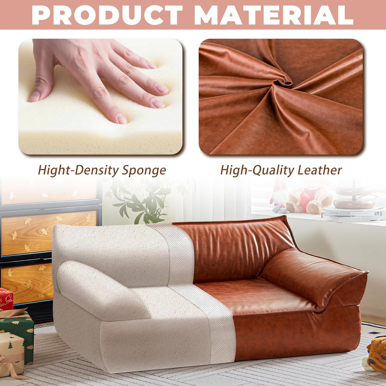 Large Leather Dog Bed Couch for Large and Medium Dogs Under 70 lbs, Brown Luxurious Vintage Elevated Dog Sofa Chaise Indoor Furniture Style Pet Supplies Low Maintenance