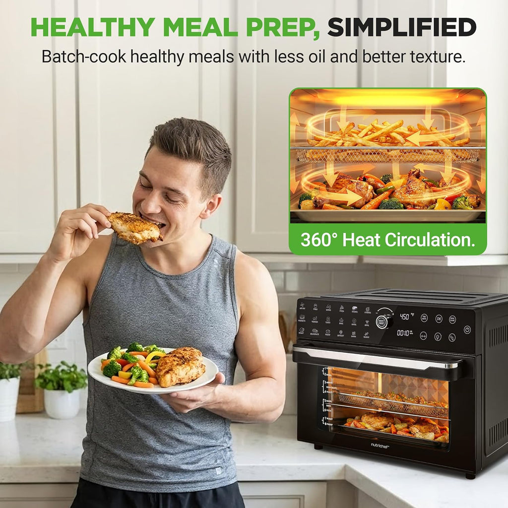 NutriChef 32 Quart Air Fryer & Oven | Digital Airfryer with 20 Presets, Dual Cook, Rotisserie, Bake & More | Multi-Function Convection Countertop Oven | Large Capacity | 18' x 17' x 14 | Black