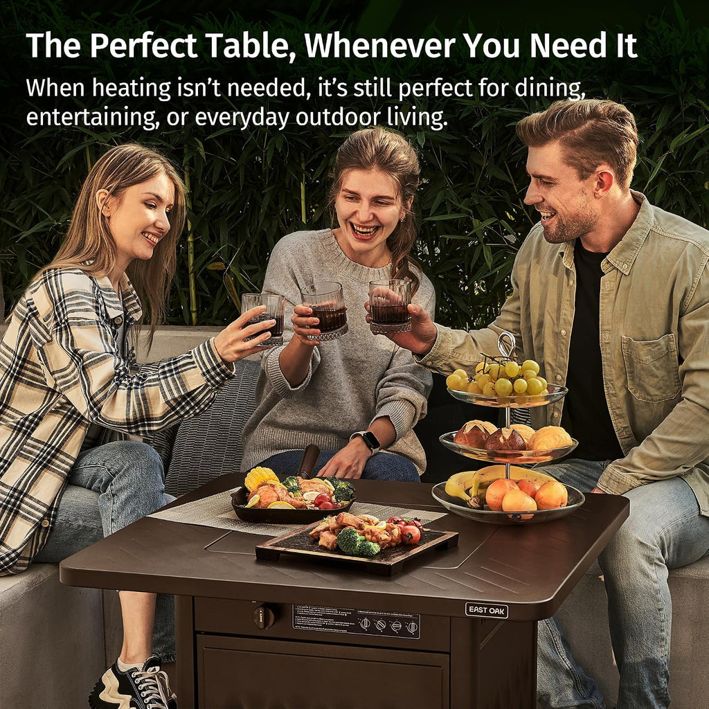 East Oak 32' Outdoor Propane Fire Pit Table | 50,000 BTU Gas Fire Pit Table for Outside with Magnetic Lid | Storage Basket & Lava Rocks | CSA Certified for Patio, Garden & Backyard | Brown