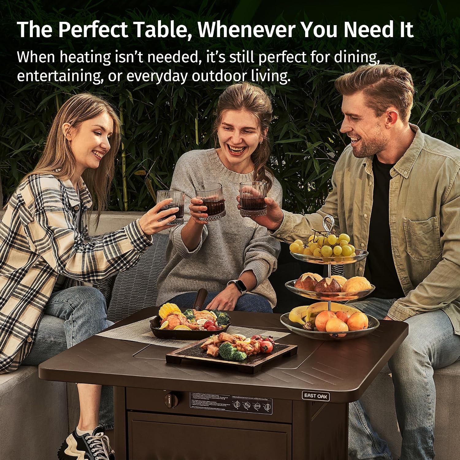 East Oak 32' Outdoor Propane Fire Pit Table | 50,000 BTU Gas Fire Pit Table for Outside with Magnetic Lid | Storage Basket & Lava Rocks | CSA Certified for Patio, Garden & Backyard | Brown