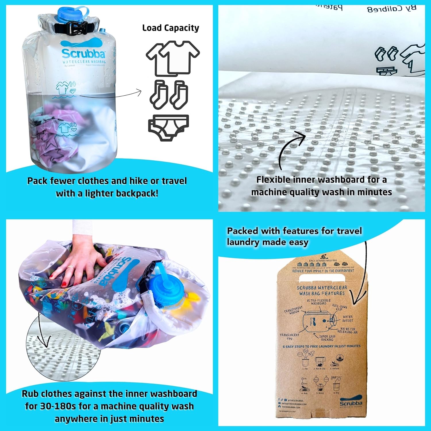Scrubba WATERCLEAR Wash Bag & Dry Kit - Portable Washing Machine System with XL Towel, Pegless Line & Hangers - Lightweight Laundry Essentials for Camping, Hiking, Hostels & Hotels - Easy-Rinse Inlet