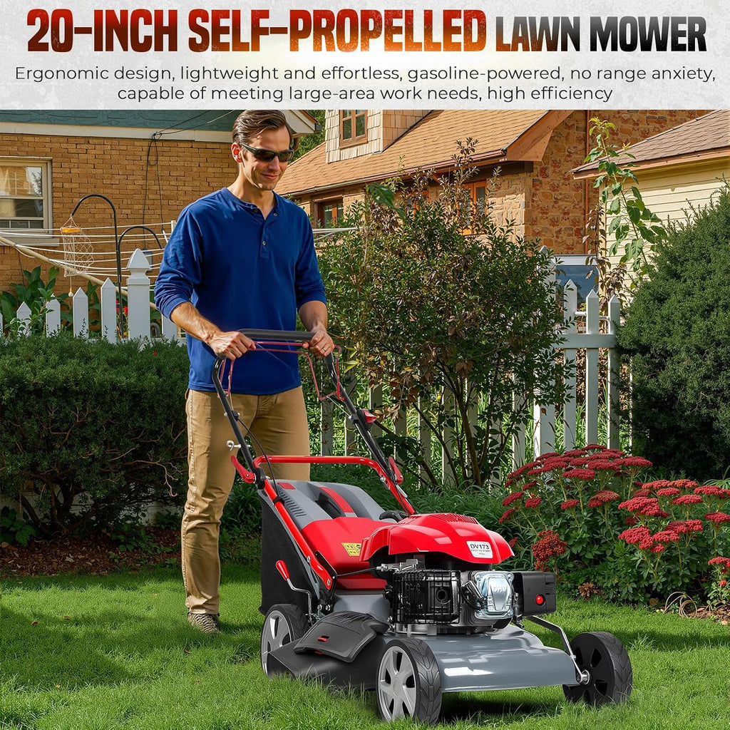 173cc self propelled Gas Lawn Mower Walk Behind Grass Cutter 20 inch Cutting Deck 60l Collection Bag Rear Wheel Drive Heavy Duty Yard Care Landscaping Tool Adjustable Height Patio Weed Trimming