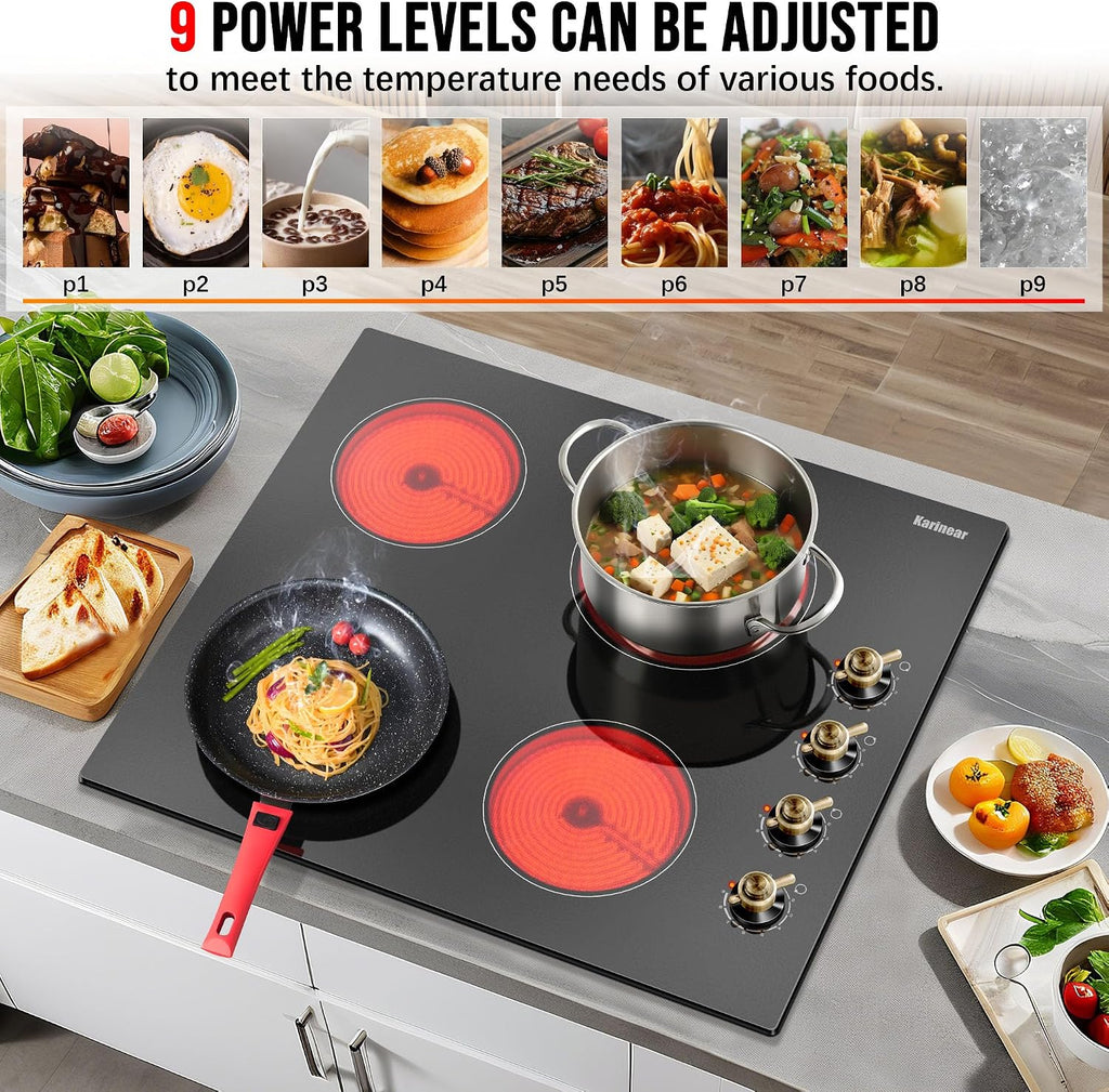 Karinear 4 Burner Electric Cooktop 24 Inch, Built-in Stove Top, 220-240v Radiant Cooktop with Knob Control, Residual Heat Indicator, Over-Temperature Protection, Hard Wire, Gold Knob