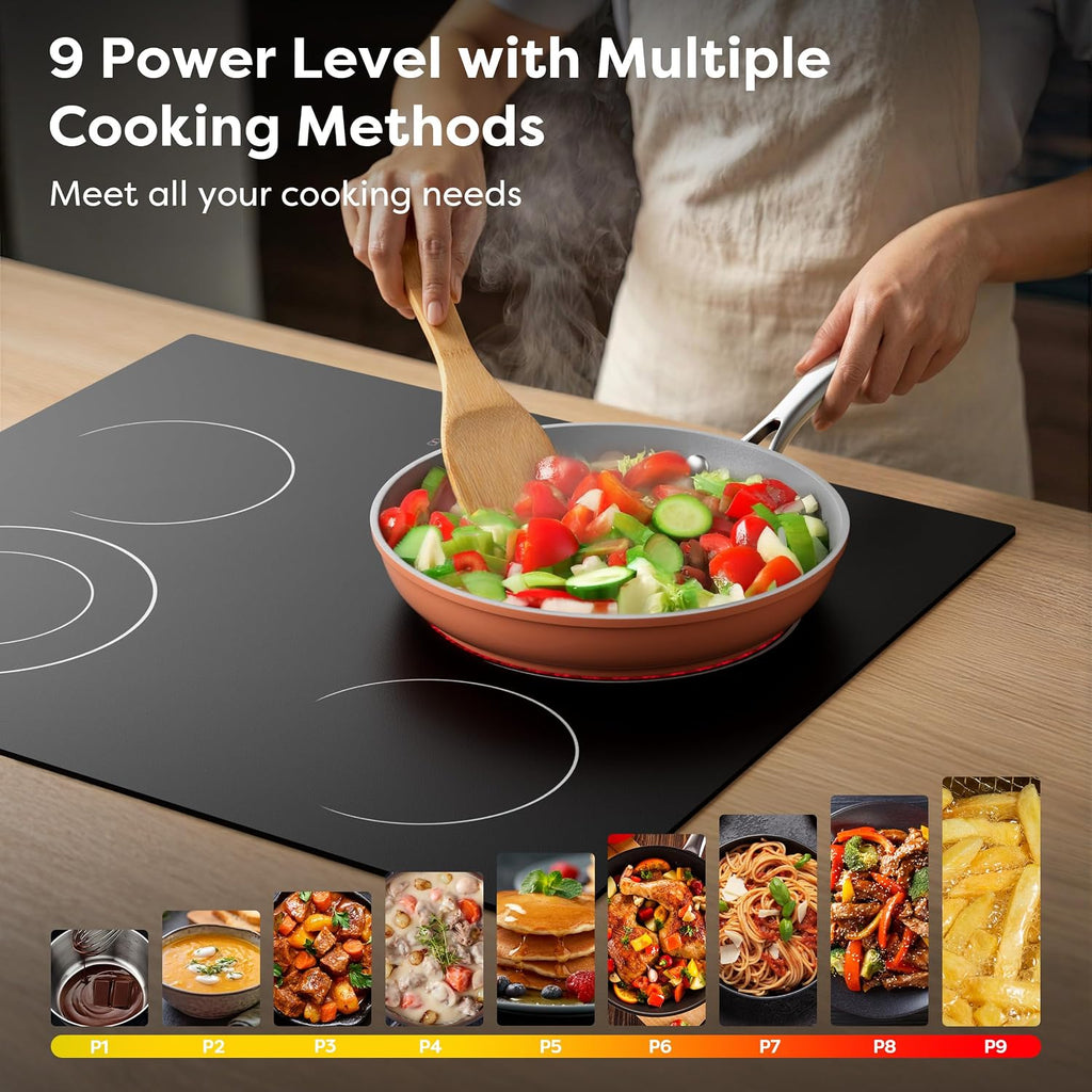 CDV 4 Burner Electric Cooktop 24 Inch, 6600W Built-in Ceramic Electric Stove Top, 220-240v Radiant Cooktop with Child Lock, Touch Control, Multiple Safety Protection, Hard Wire (No Plug)