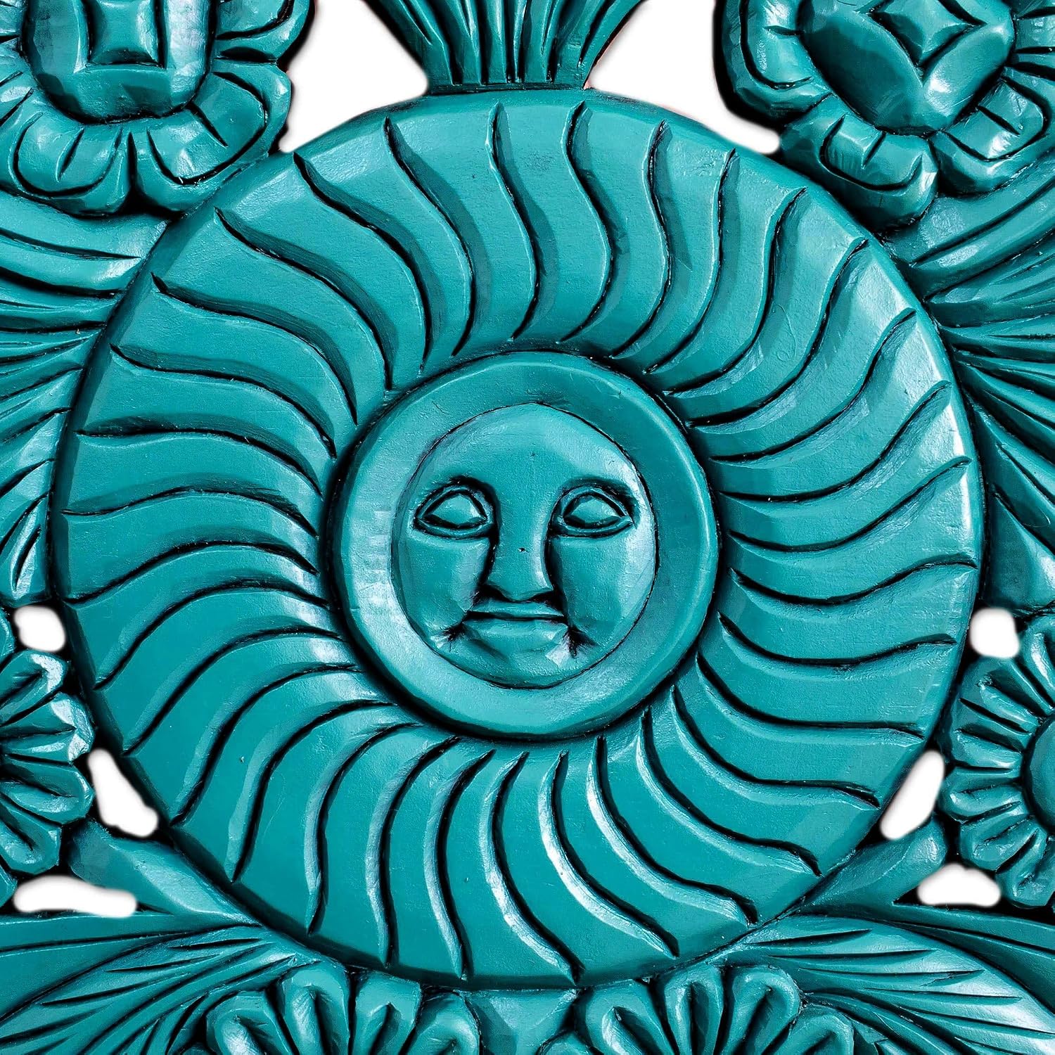NOVICA Artisan Handcarved Wood Relief Panel Floral in Blue from Guatemala Wall Decor Panels Female Form Sun Moon [20.5in H x 59in W x 1.2in D] ' Mister Sun'