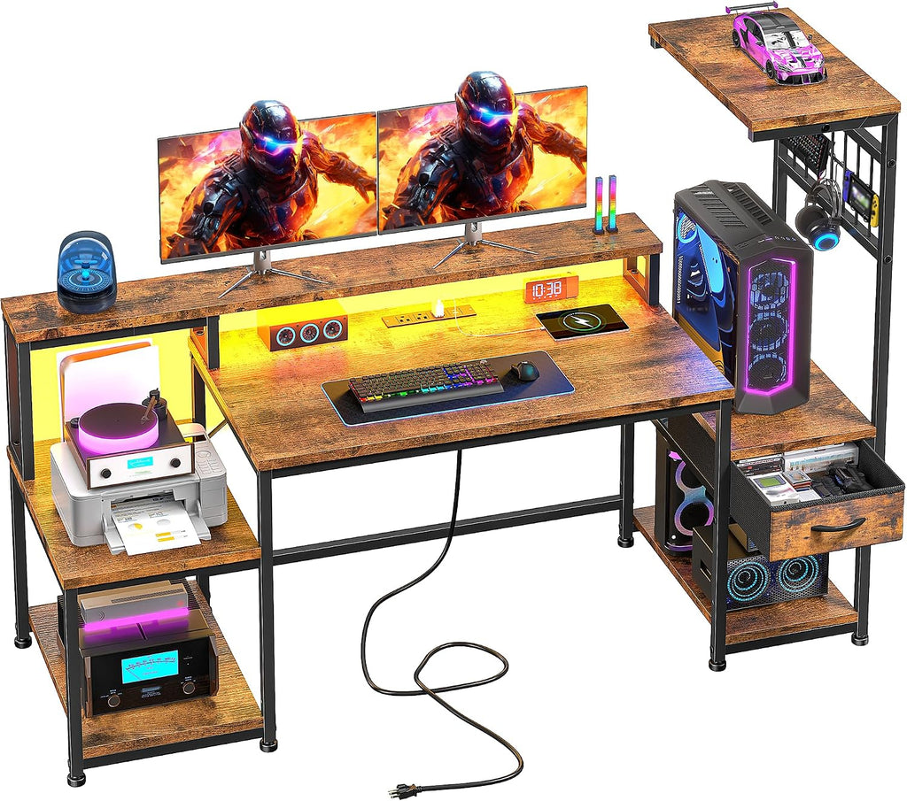 DurayLoly 55' Computer Desk with LED Lights & Outlets,Office Desk with Drawers & Monitor Stand,Gaming Desk with 3 Storage Shelves, Hooks& Printer Space for Game&Study Room,Home Office,Bedroom,Brown