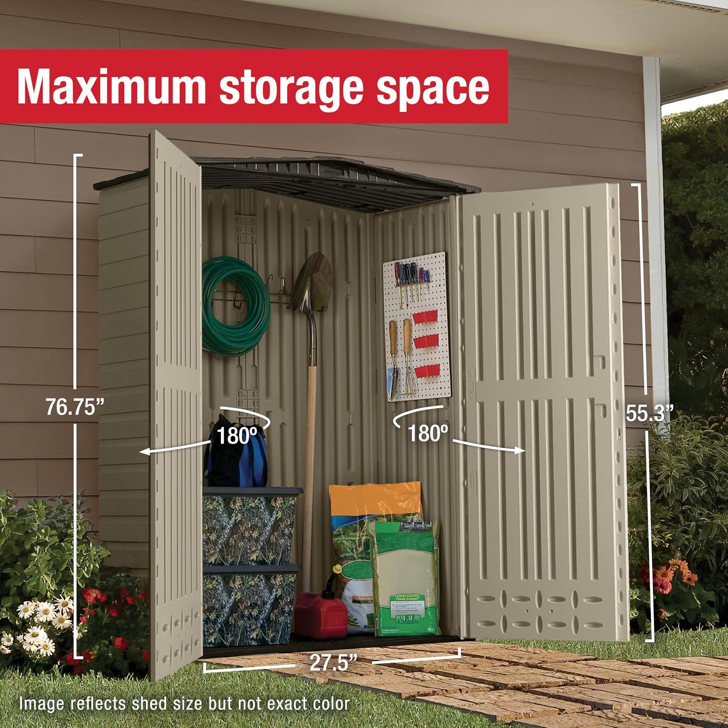 Rubbermaid Small Vertical Resin Outdoor Storage Shed With Floor (2.3 x 4.6 Ft), Weather Resistant, Beige/Brown, Organization for Home/Backyard/Pool Chemicals/Toys/Garden Tools/Porch/Patio Cushions