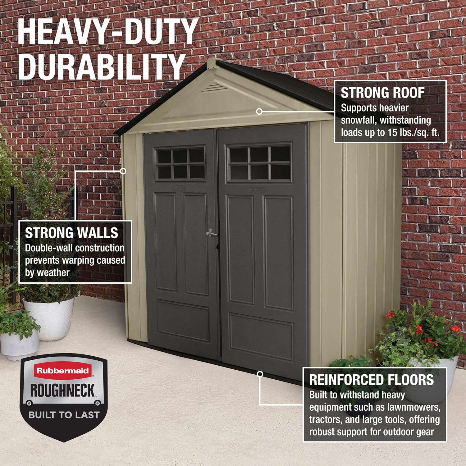Rubbermaid Resin Outdoor Storage Shed With Floor (7 x 3.5 Ft) Weather Resistant, Brown Gable, Organization for Home/Backyard/Garden Tools/Lawn Mower/Bike Storage/Pool Supplies
