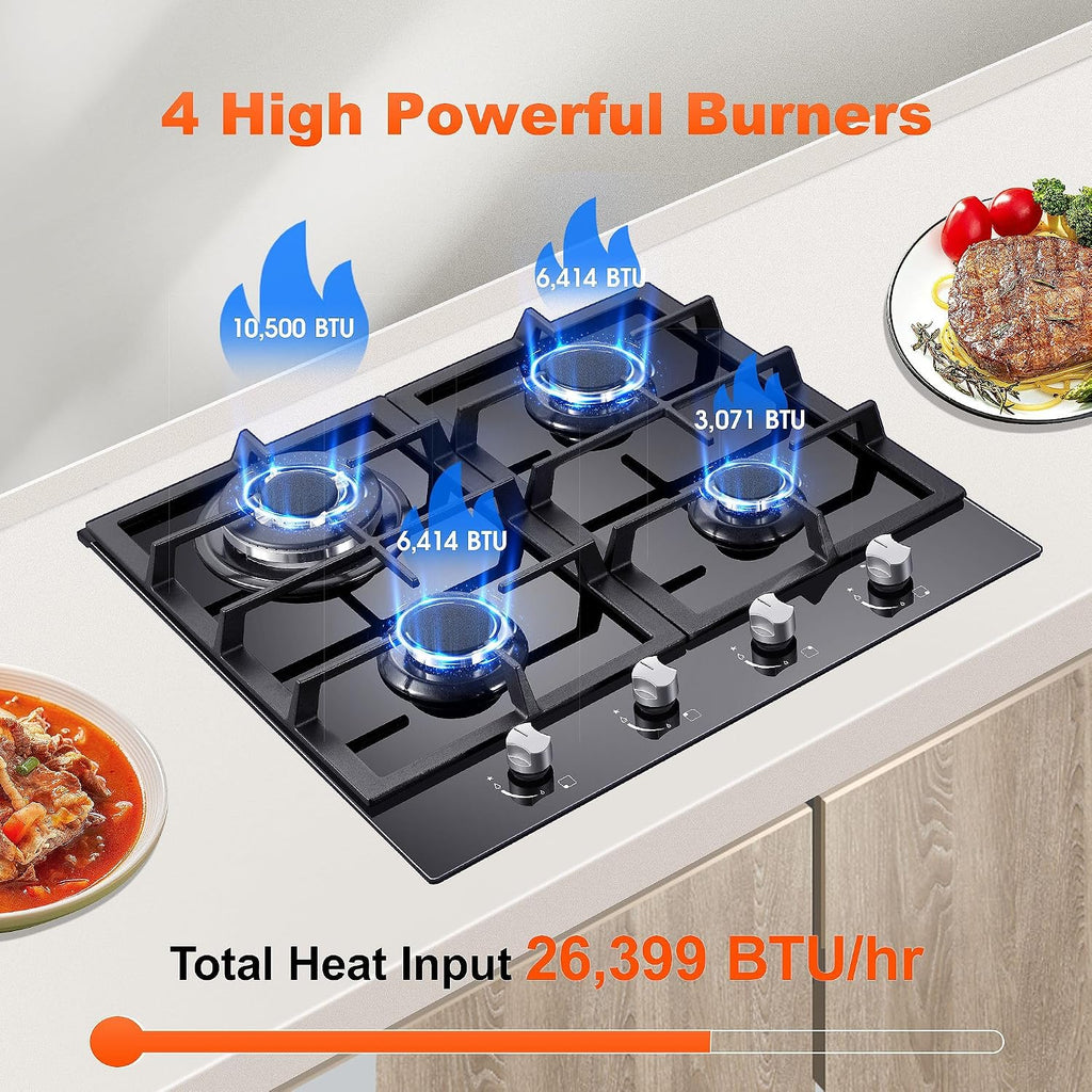 Gas Stove Top 24 Inch, Amzgachfktch Built-in Gas Cooktop 4 Burner, Black Tempered Glass Stove with NG/LPG Conversion Kit, Kitchen Propane Cooktop with Thermocouple Protection