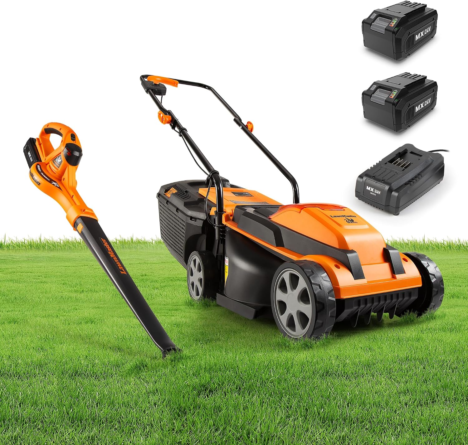 LawnMaster Cordless 24V Max 13-inch Lawn Mower and Cordless Leaf Blower Combo with 2x4.0Ah Batteries and Charger-24VMWBL