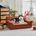 Large Leather Dog Bed Couch for Large and Medium Dogs Under 70 lbs, Brown Luxurious Vintage Elevated Dog Sofa Chaise Indoor Furniture Style Pet Supplies Low Maintenance