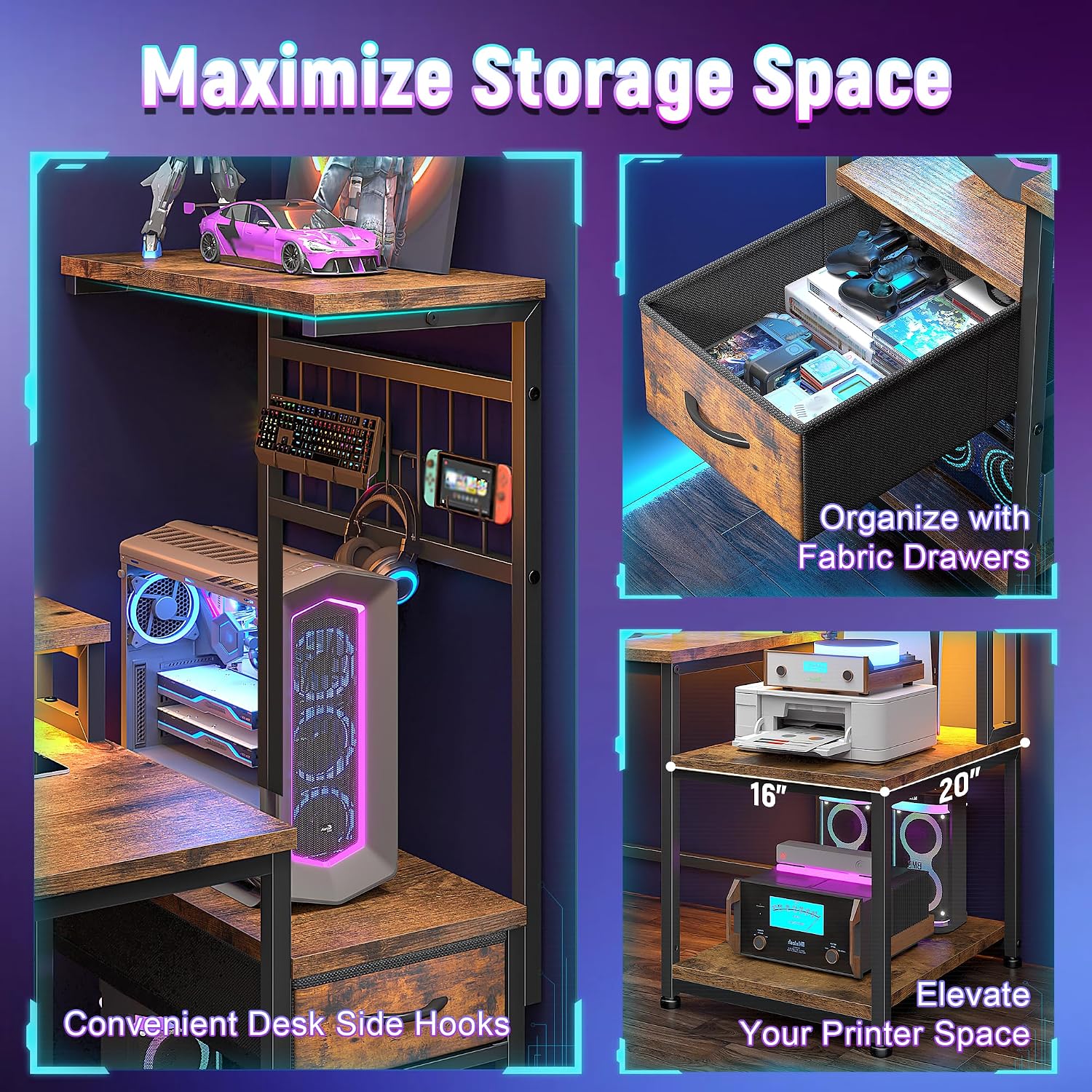 DurayLoly 55' Computer Desk with LED Lights & Outlets,Office Desk with Drawers & Monitor Stand,Gaming Desk with 3 Storage Shelves, Hooks& Printer Space for Game&Study Room,Home Office,Bedroom,Brown