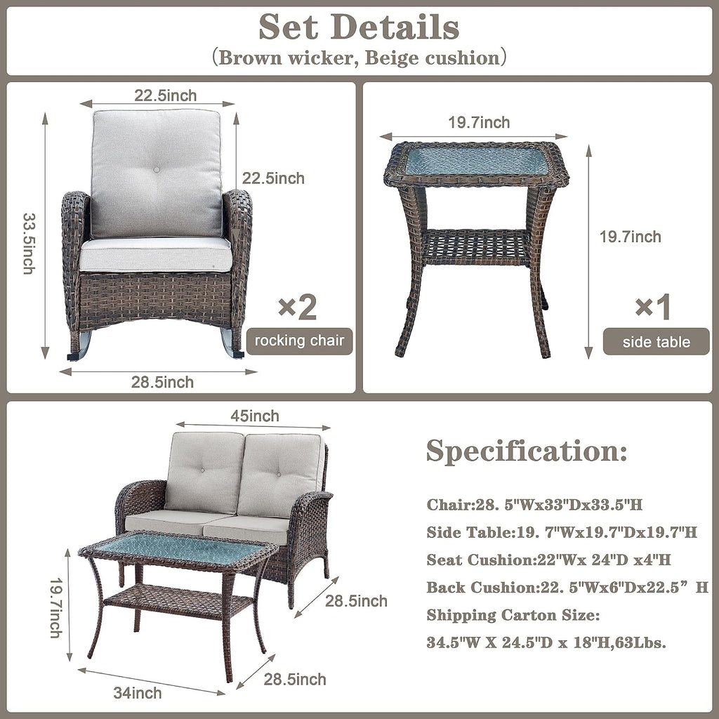 Belord Patio Wicker Furniture with Rocking Chairs Loveseat, 5 Piece Rattan Furniture Outdoor Table and Rocking Chairs Set for Patio Deck Porch Backyard Brwon/Beige