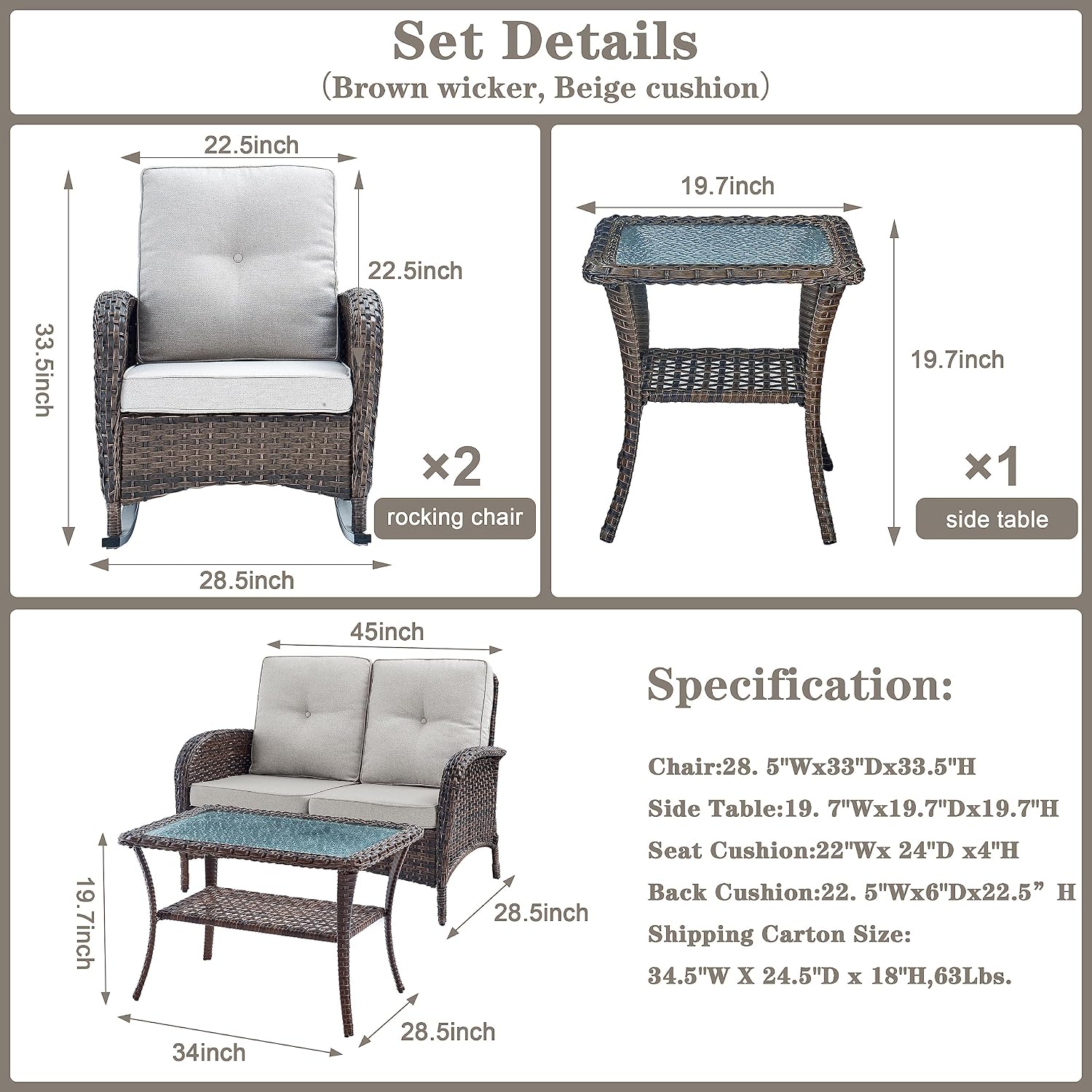 Belord Patio Wicker Furniture with Rocking Chairs Loveseat, 5 Piece Rattan Furniture Outdoor Table and Rocking Chairs Set for Patio Deck Porch Backyard Brwon/Beige