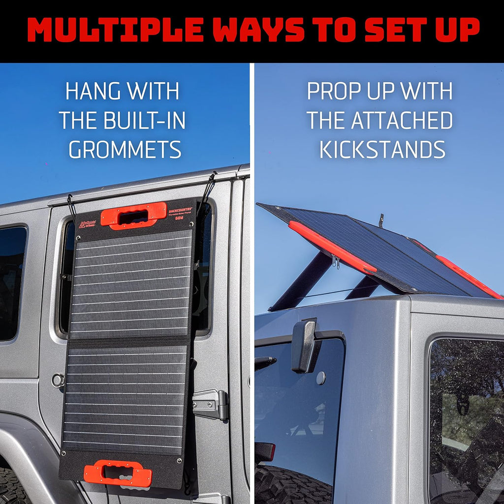 Backcountry Portable Solar Panels, 110W or 60W - IP65 Water Resistant Solar Charger with 3 USB Ports for Phones and DC Out for Power Stations