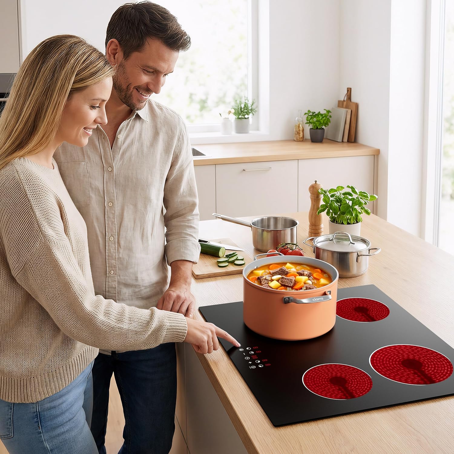 CDV Electric Cooktop 4 Burner 24 Inch, 6400W Built-in Ceramic Electric Stove Top, 220-240v Radiant Cooktop with 9 Heat Levels, 99min Individual Timer, Child Lock & Multiple Safety Protection (No Plug)