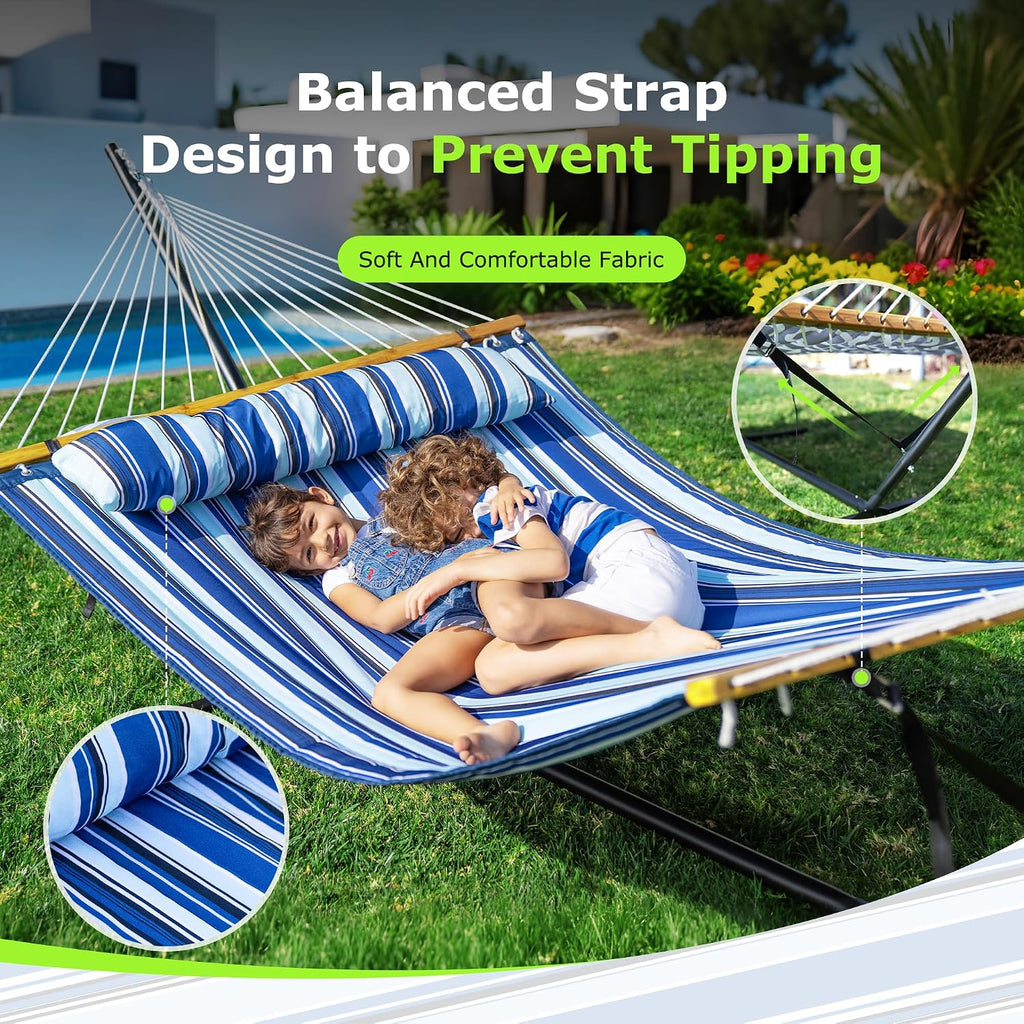 ANAGOO Double Hammock with Stand, Heavy Duty Outdoor Hammock for Two, 500 LBS Capacity, Stable Steel Frame with Balance Strap, Easy Tool-Free Assembly for Patio, Garden, Backyard & Beach,Blue