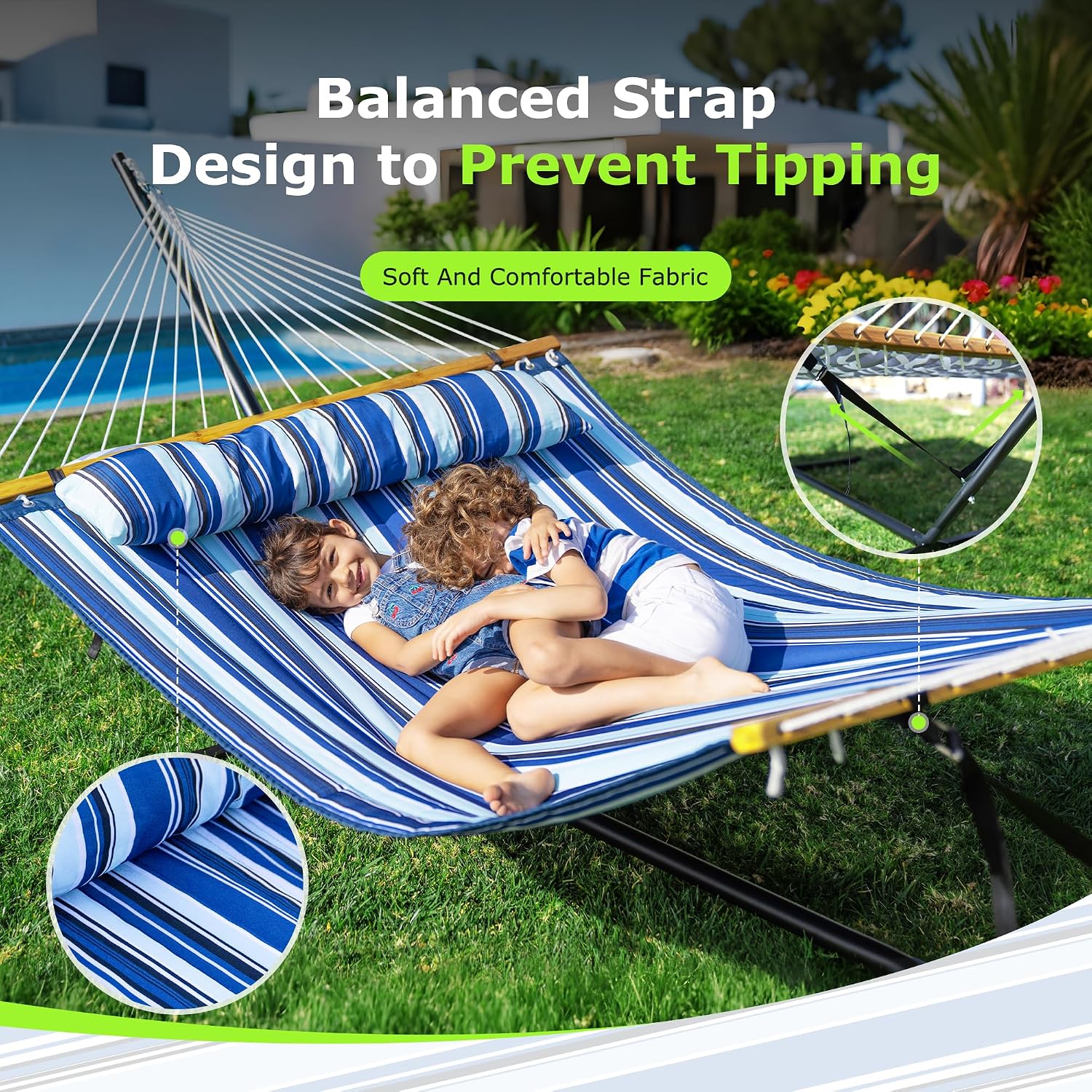 ANAGOO Double Hammock with Stand, Heavy Duty Outdoor Hammock for Two, 500 LBS Capacity, Stable Steel Frame with Balance Strap, Easy Tool-Free Assembly for Patio, Garden, Backyard & Beach,Blue