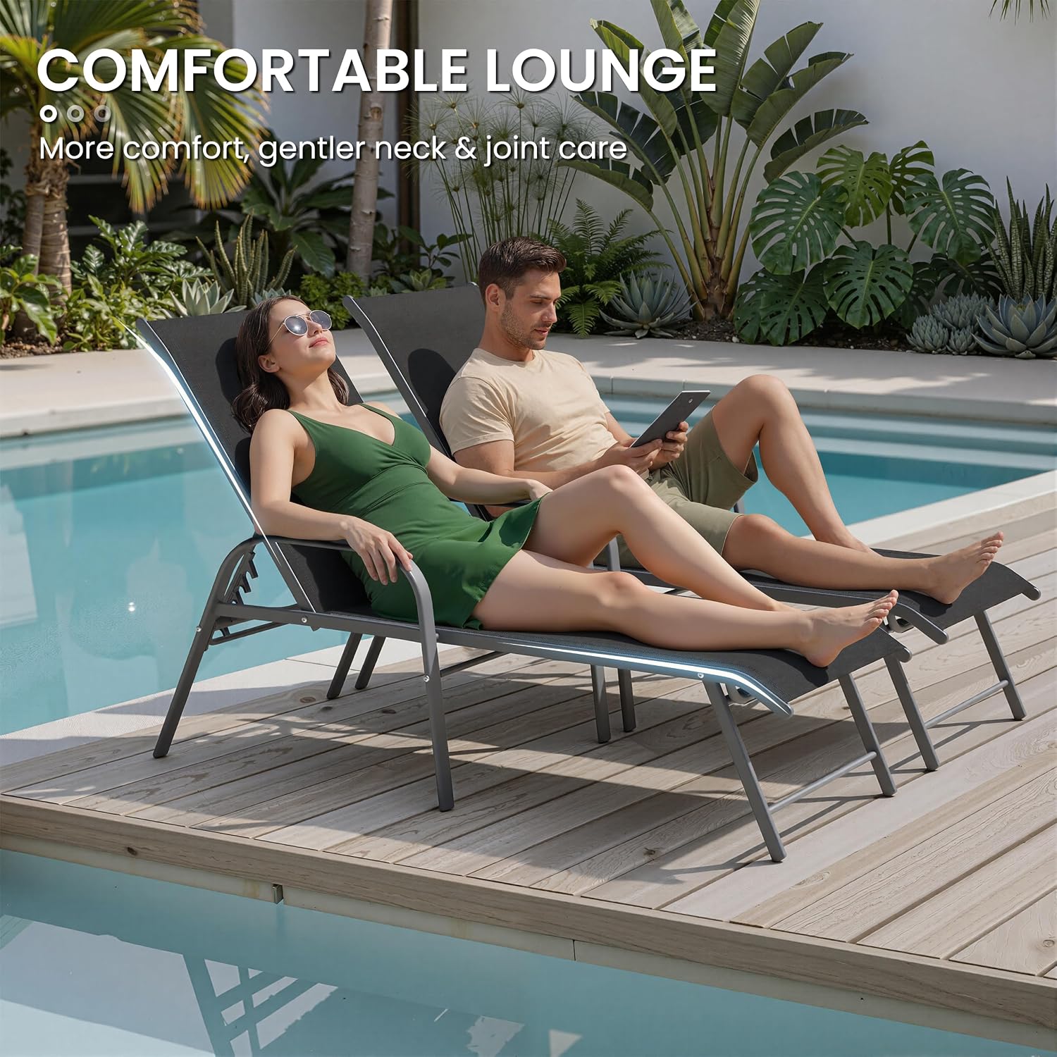 Crestlive Products Lounge Chair Outdoor with Armrests, Pool Lounge Chairs Set of 2, Aluminum Adjustable 5 Positions Tanning Chairs for Outside, Patio, Poolside, Yard, Deck, Backyard (Black)