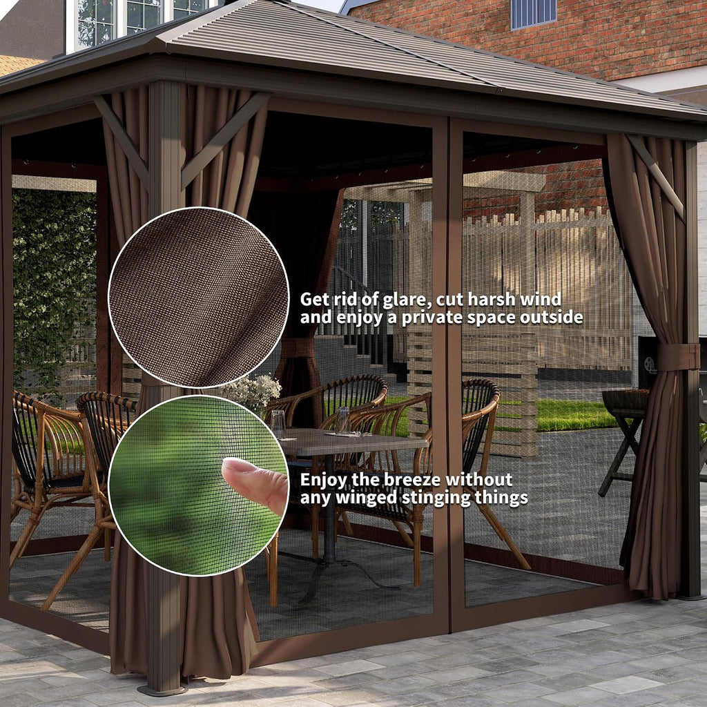 Outsunny 10' x 10' Hardtop Gazebo Canopy with Galvanized Steel Roof, Aluminum Frame, Permanent Pavilion Outdoor Gazebo with Hook, Netting and Curtains for Patio, Garden, Backyard, Dark Brown