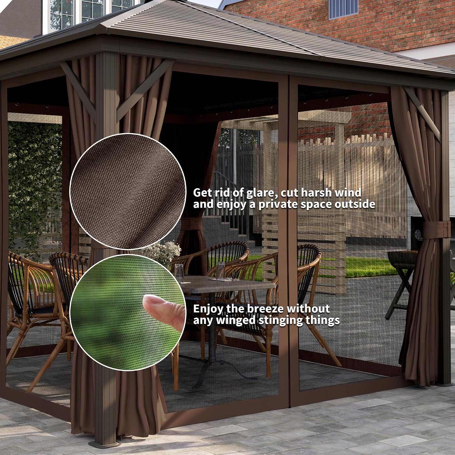 Outsunny 10' x 10' Hardtop Gazebo Canopy with Galvanized Steel Roof, Aluminum Frame, Permanent Pavilion Outdoor Gazebo with Hook, Netting and Curtains for Patio, Garden, Backyard, Dark Brown