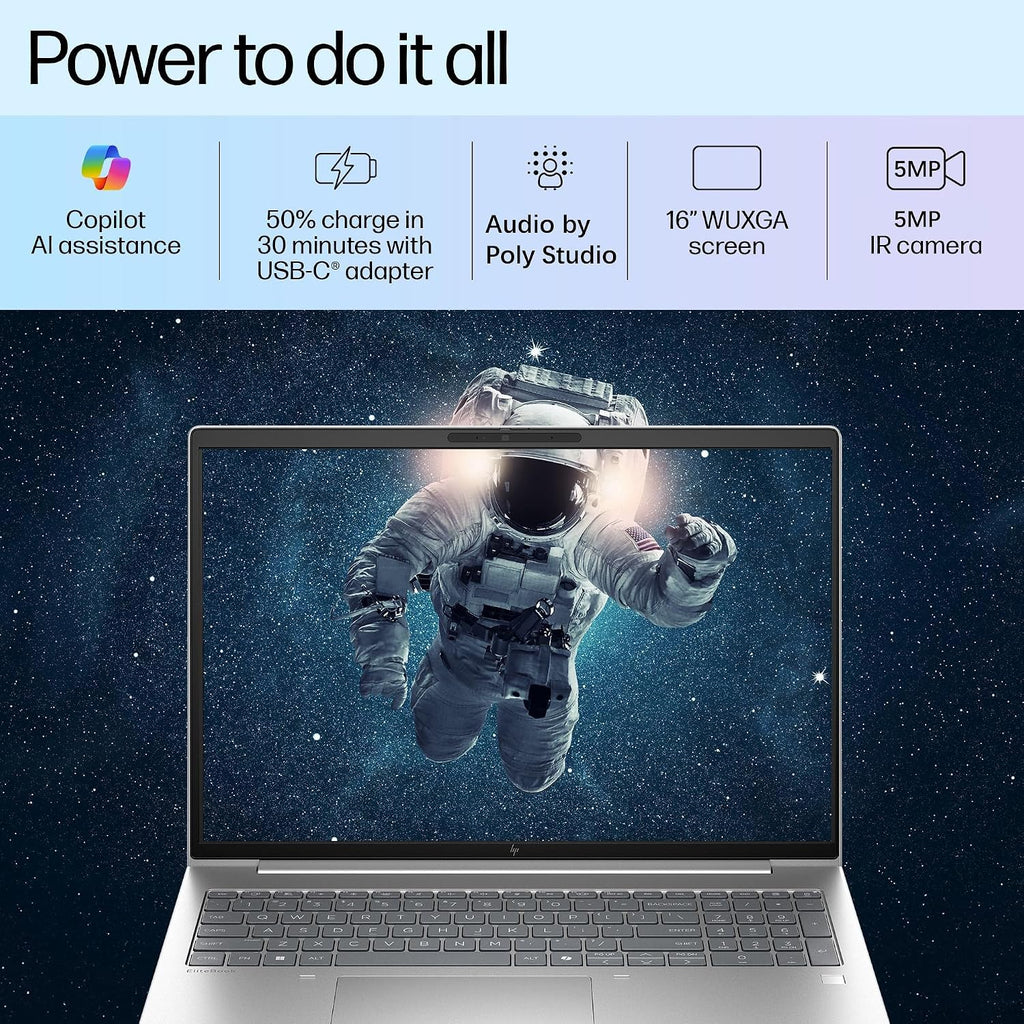HP EliteBook Laptop Computer for Business with Copilot AI, Intel Core Ultra 7 255U (12C/14T), 16GB DDR5 RAM, 512GB SSD, 16' FHD+, Fingerprint Reader, Thunderbolt 4, Silver, Windows 11 Pro