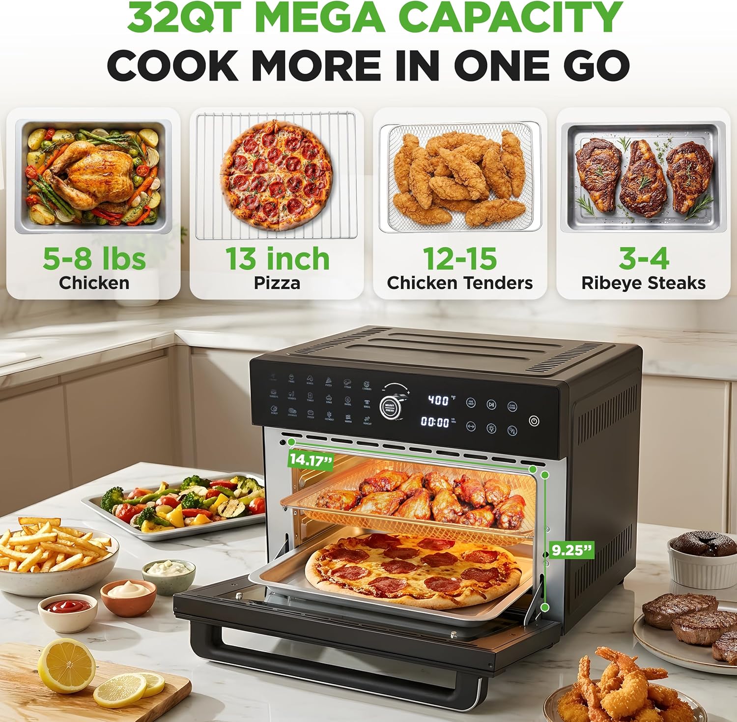 NutriChef 32 Quart Air Fryer & Oven | Digital Airfryer with 20 Presets, Dual Cook, Rotisserie, Bake & More | Multi-Function Convection Countertop Oven | Large Capacity | 18' x 17' x 14 | Black